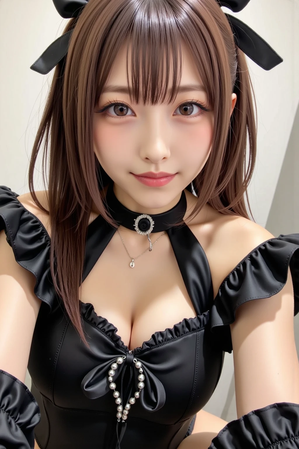 (8K、top-quality、masterpiece:1.2)、20 year old girl, Super long ponytail、Smiling, White tops&Please wear a coat, hair pin.a choker、(flat chest)、(Black background)