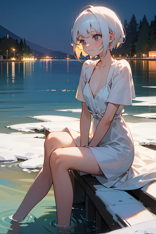 (8k, best quality, masterpiece:1.2), (actual, photo-actual:1.37), Super detailed,((( 1 girl))),alone,beautiful detailed sky,Detail of cafe,night,sitting,appointment,(Nose blush),(Smile:1.15),(Keep your mouth shut) Small Breasts,Beautiful and delicate eyes,(shirt:1.1), night, wet, rain,White lace, (short hair:1.2),Flowing HairNovaFrogStyle, ((whole body)),Standing, Sexy, Cute
