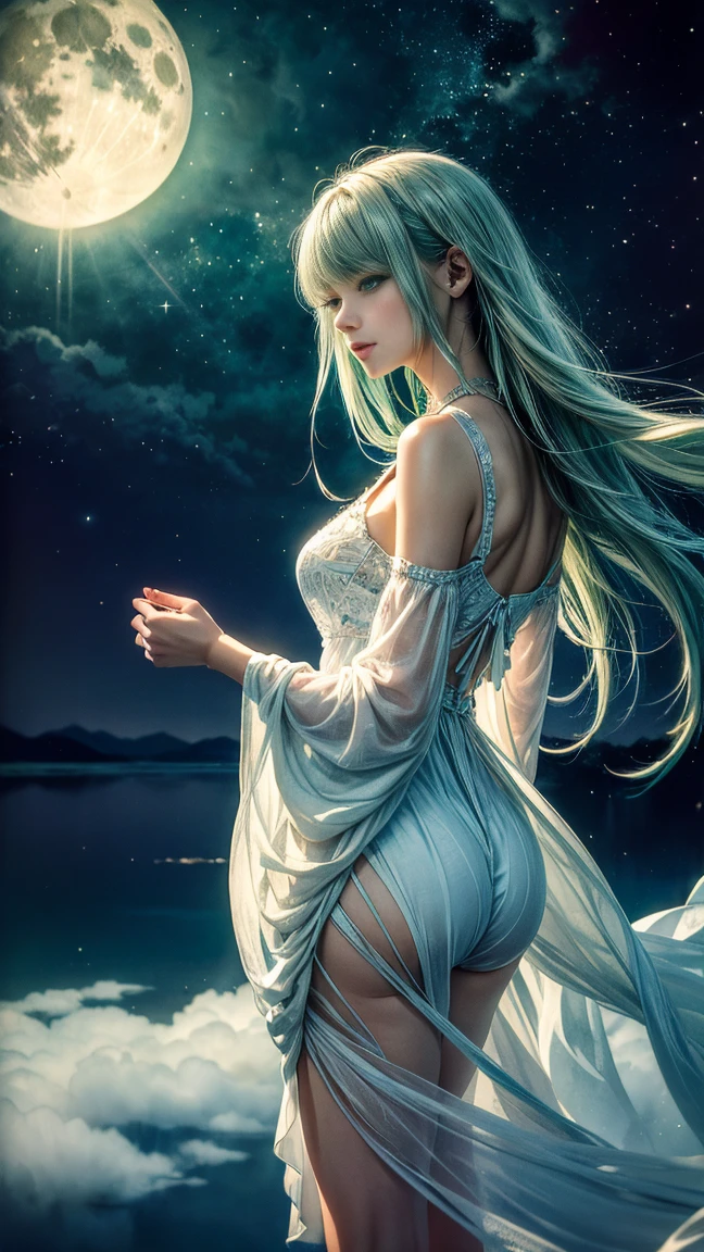 ((melhor qualidade)), ((master part)), (circunstanciado)), ethereal beauty, (Fantasy Illustration: 1.3), corpo inteiro,sorriso feliz, Olhando encantadoramente., Gestos bonitos., cabelo preto liso, Um lindo vestido roxo mostra seus ombros.. , Encanto extraterrestre, mysterious sky, (Luis Royo:1.2), noite de luar, cores suaves, (Nuvens de detalhes:1.3), (alta resolução:1.2)