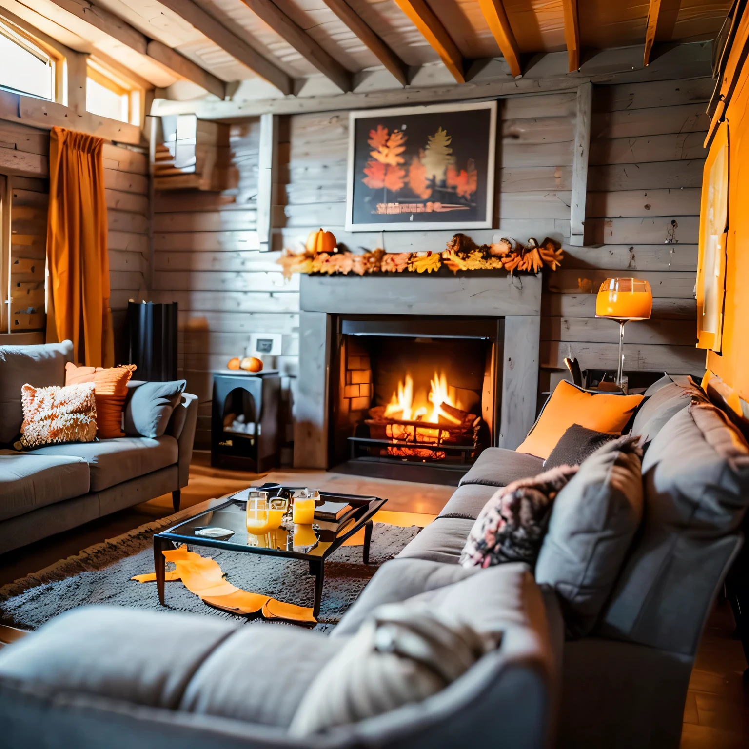 ((masterpiece:1.4)),top quality,table top,super high resolution,((realistic:1.4)),RAW PHOTO,((In front of the fireplace in a mountain hut:1.5)),((unmanned:1.59)),((The season is autumn:1.5)),Warm flames、((There is a gray sofa:1.5))、((A large table with a glass of orange juice on it:1.5))、