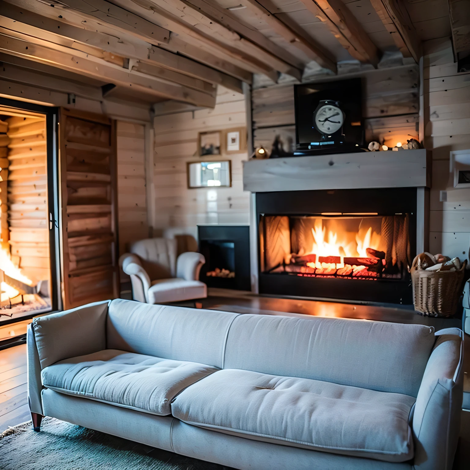 ((masterpiece:1.4)),top quality,table top,super high resolution,((realistic:1.4)),RAW PHOTO,((In front of the fireplace in a mountain hut:1.5)),((unmanned:1.59)),((The season is autumn:1.5)),Warm flames、((There is a gray sofa:1.5))、