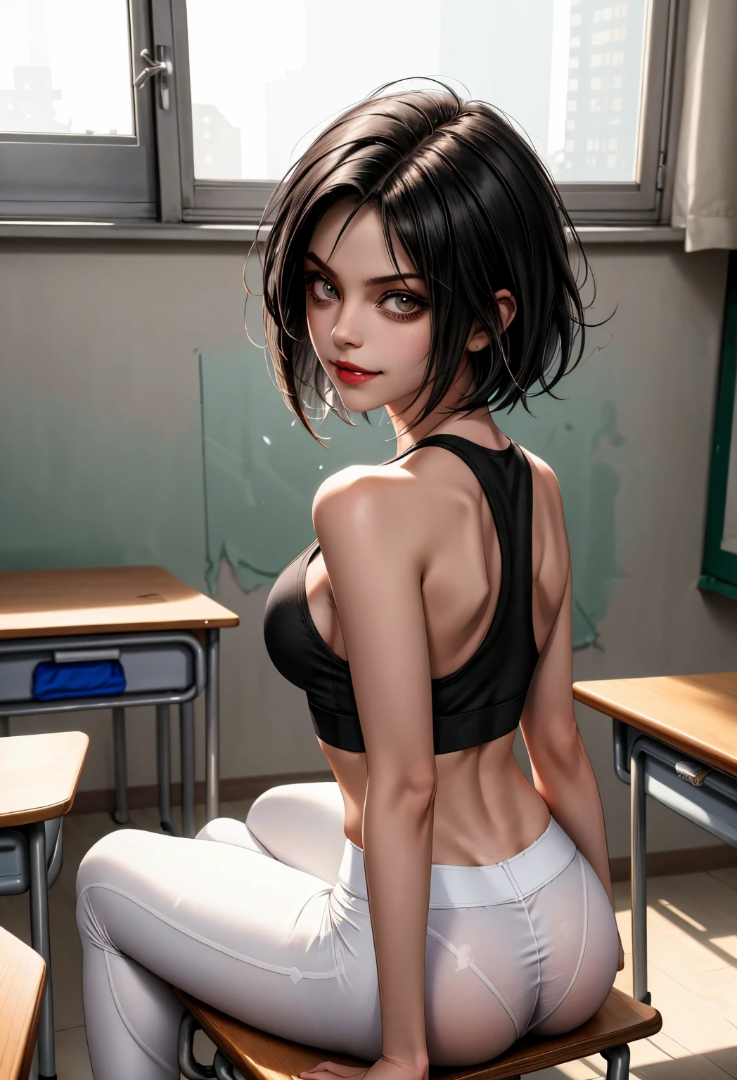 13 year old girl wearing only a black thong, small tits, standing sideways in a sports locker room, just took a shower, has a ponytail, black hair and brown eyes, she has her tits out, She has a big ass and is VERY thin