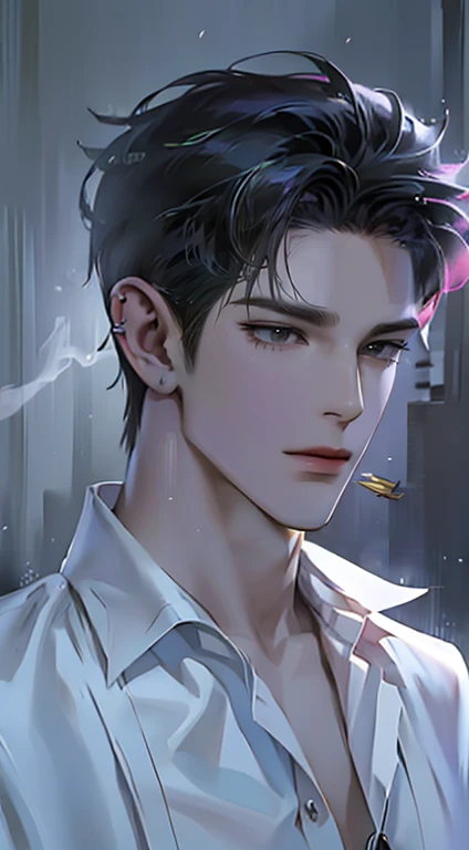 1 boy, solo, man, handsome, y2k, spiky hair, smoke, cigarette, piercings, smirk, street, y2k, asian, spiky hair, headphones, dyed hair