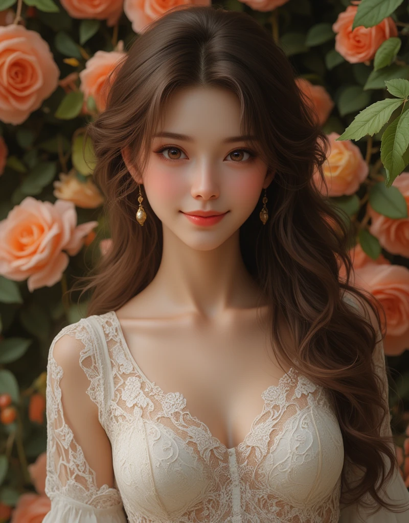 Stunning cottage girl, loose curled hair, wearing a white gown or dress, flat chest, happy expression, symmetrical face, symmetrical eyes, photorealistic, floral, soft pastel colours, intricate, path tracing, illustration, highly detailed, direct sunlight on face, indirect path traced sunlight on face