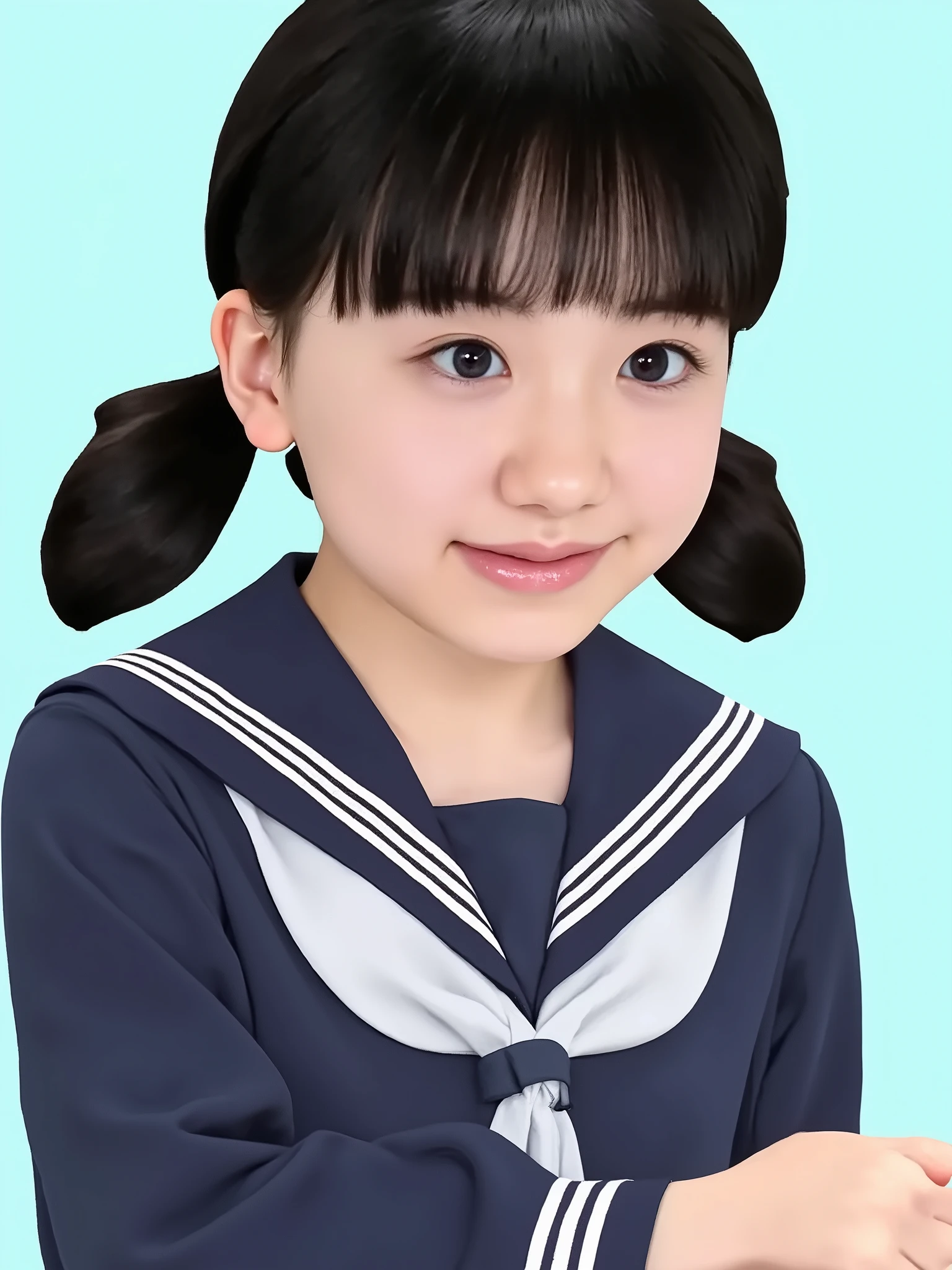 (o girl, small breasts), (absurdres, masterpiece, best quality, ultra detailed, photo realistic:1.2), (beautiful face, simple face, baby face:1.2), (flat chest, skinny, scrawny:1.4), (shiny skin, pigment is light:1.2), armpit, perfect body, perfect anatomy, nsfw,
BREAK, 1girl, (laugh, teeth:1.0), from above, full body shot, (upturned eyes:1.1), ((looking down:1.3)), (wearing sailor suit, dark blue, long sleeve:1.3), twintails hair, (black hair:1.2), bangs, silky hair, detailed hair, perfect fingers, perfect lighting