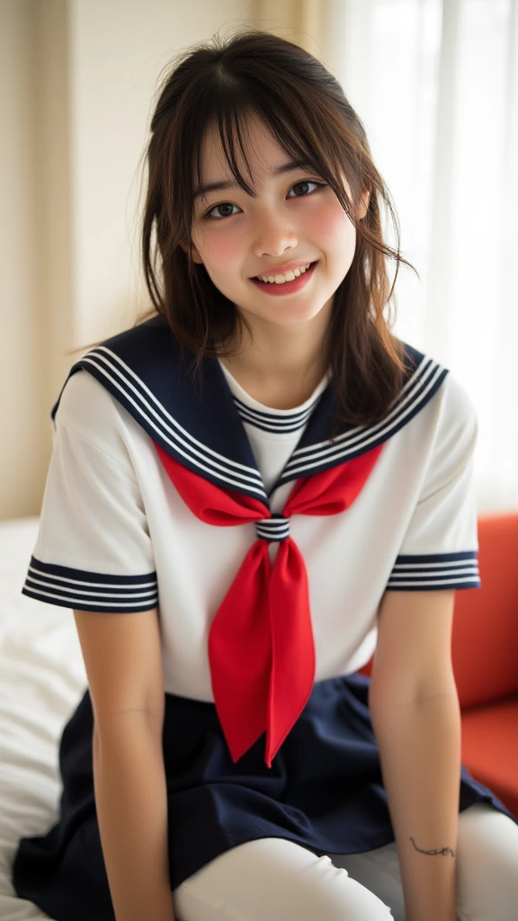 (Highest quality、8k、32K、masterpiece)、(Realistic)、(Realistic:1.2)、(High resolution)、Very detailed、Very beautiful face and eyes、(((Women's Solo Shot)))、Frame In、Tight waist、(Highest quality、Attention to detail、Rich skin detail)、(Highest quality、8k、Oil paints:1.2)、(Realistic、Realistic:1.37)、Bright colors、(((Cowboy Shot)))、(((Medium Hair)))、(((smile)))、(((Brown Hair)))、(((Sailor suit、Red ribbon tie、Short sleeve)))、(((Navy blue pleated skirt)))、(((Inside the school building)))、(((Students having fun)))、((Arms crossed))、(((school uniform, Sailor suit、白いSailor suit, Dark blue pleated skirt:1.23)))