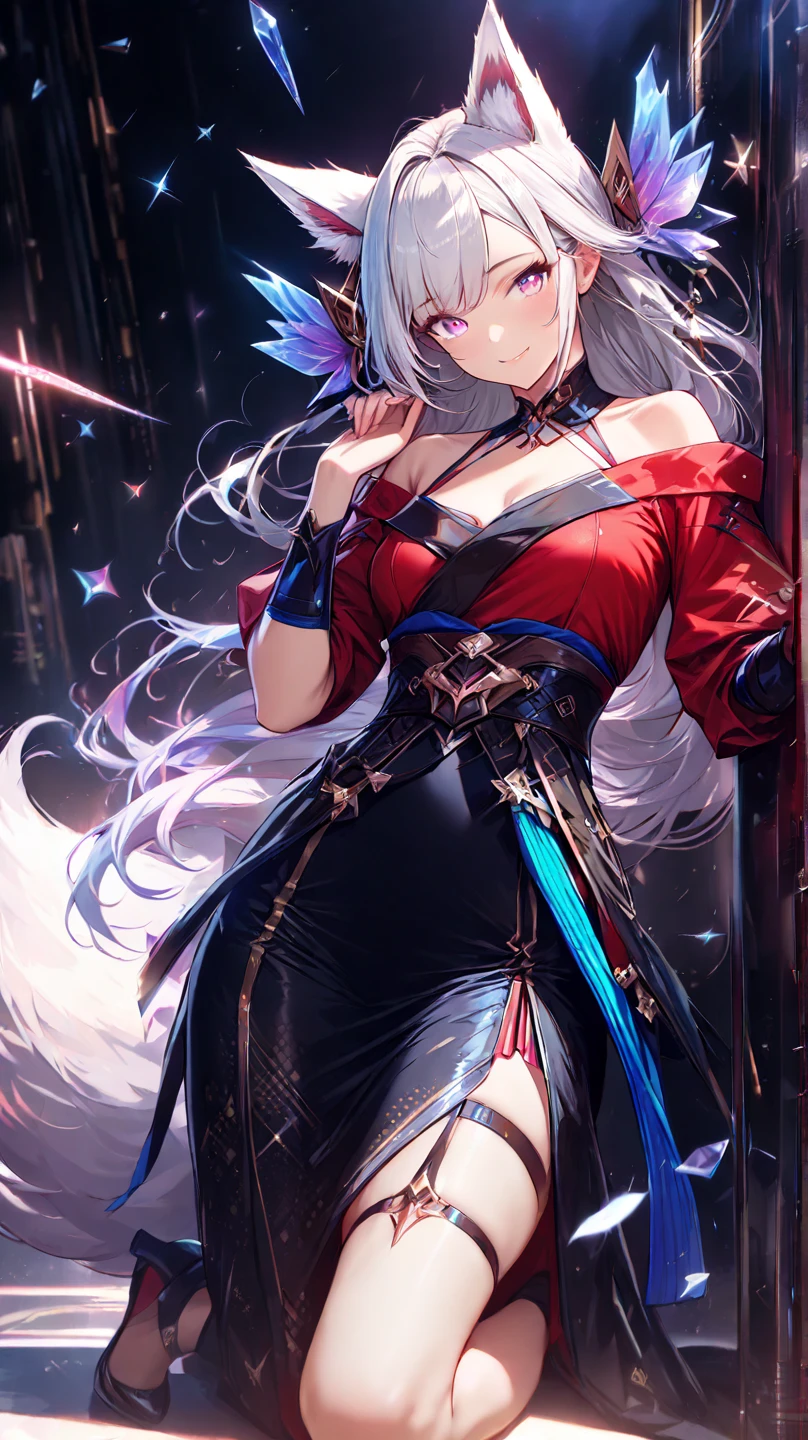 (best quality, detailed background, highres, absurdres, bloom, disheveled hair, shiny hair, exposed in lighting, bright pupils),
1girl, focus on leg, earpiece, long hair, silver hair, large_breasts, action_pose, standing,  arms behind back, stage, spotlight, glass ceiling, 
shenhe \(genshin impact\), hair_ornament, hair over one eye,  designer dress,  dutch_angle,