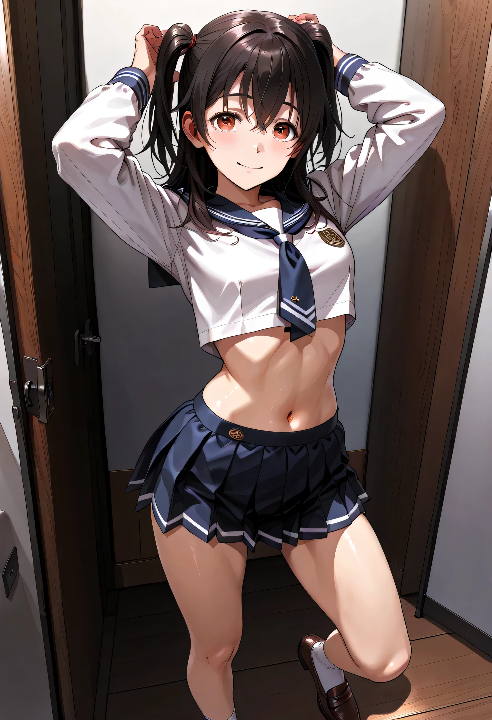 (ultra detail、Masterpiece、of the best quality、high definition:1.8)、high image quality、of the best quality、High definition picture quality 、Realistic woman、one girl、summer、Outdoors、(Out立っている smile、open your mouth, laughs:1.2)、(curvy body:1.2)、belly button、black hair mixed with blond、short hair(Long nape、Long pile )、 blue-toned sailor suit(long sleeve、 skirt long)、white high socks、 coin loafers 、pose