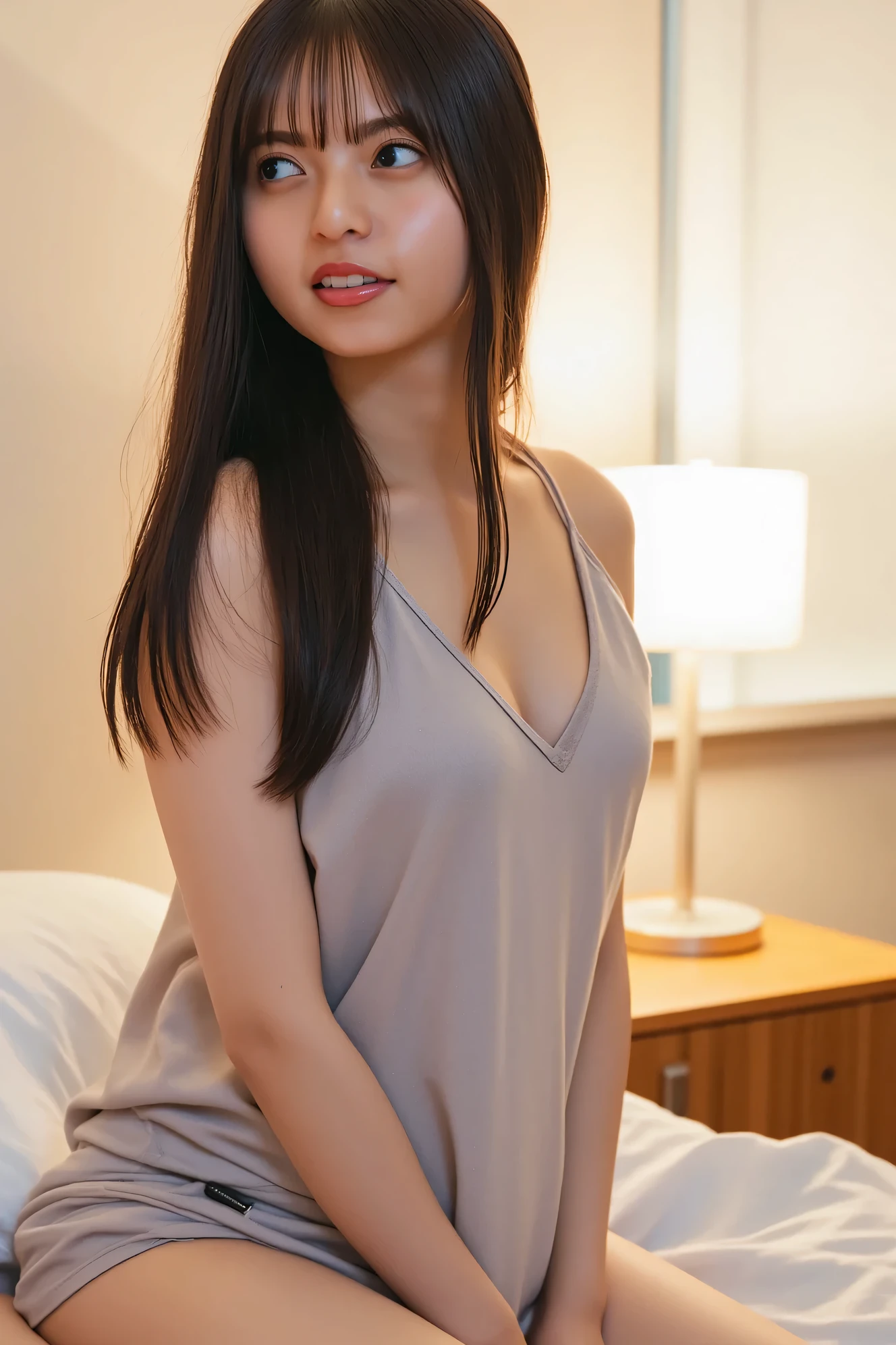 Surrealism, high detail, movie lighting, Ray tracing, perspective, Shoot at eye level, ultra high definition, masterpiece, textured skin, 4K, Best quality sexy open mouth and closed eyes in pajamas on the bed