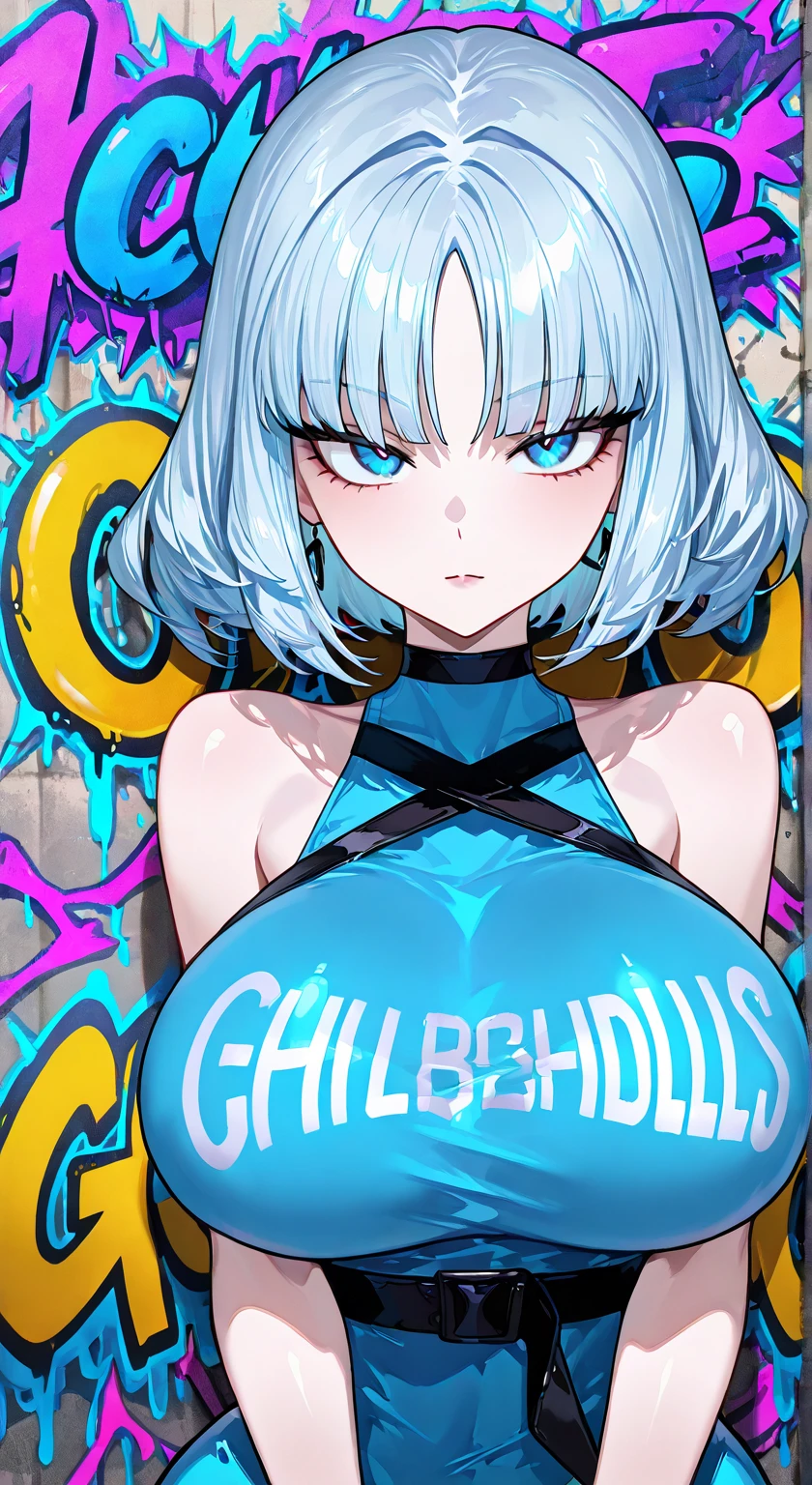 0zy Bulma with tattoos looking raunchy and chewing bubble gum with capsule corp logo on skimpy blouse