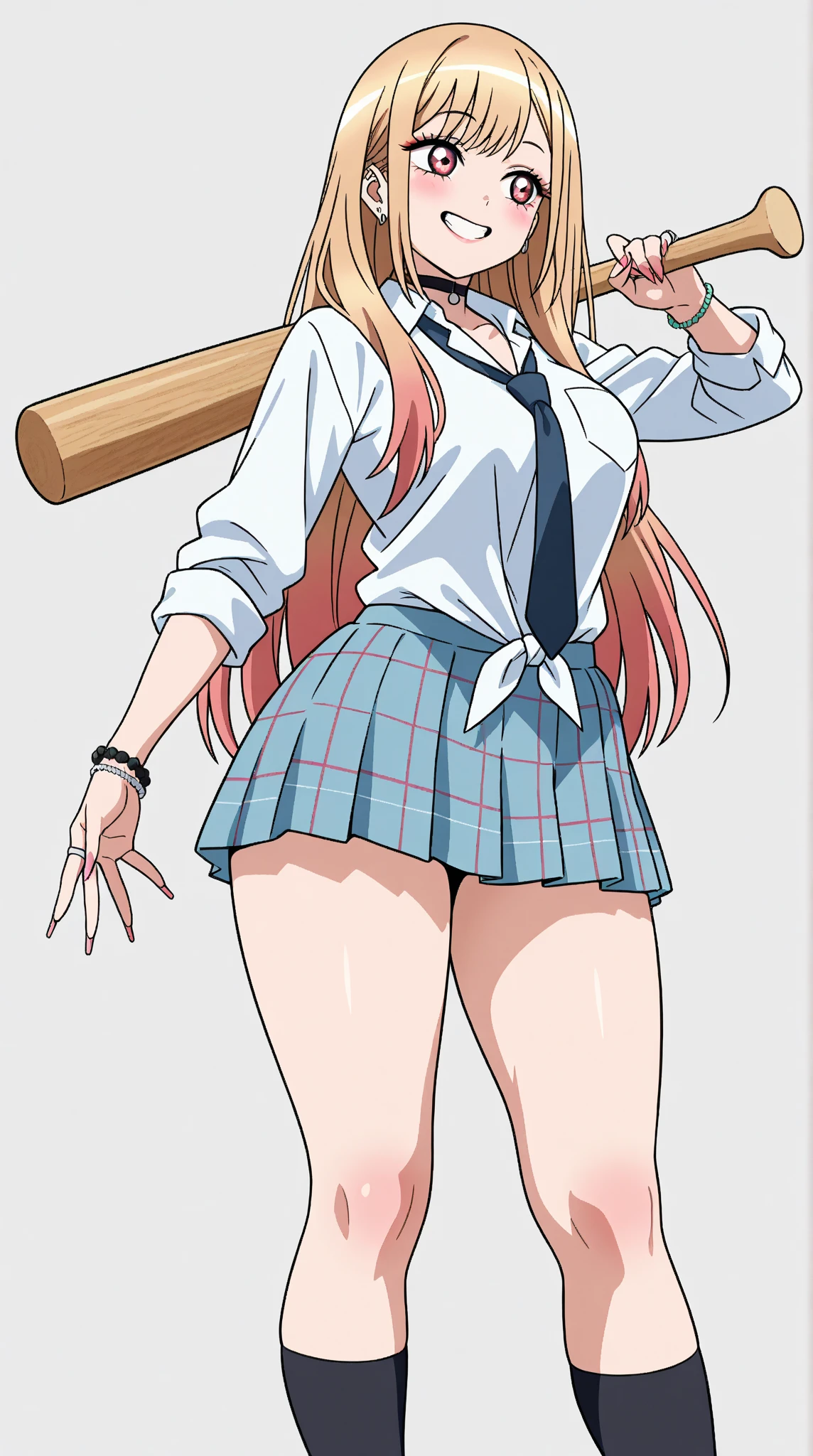 (top-quality、masterpiece)、1girl in、A stunning、A smile、a blond、barechested、School Uniforms、A stunning、Brown-skinned、sun burn、Mole、(Colossal tits)、large full breasts、Sheer areol、Kicking、Pink underwear is visible