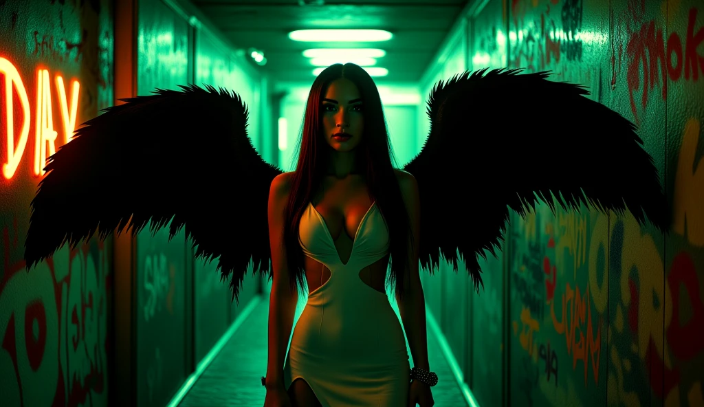 Hyperealism cinematic film still 8k highly detailed and realistic . In a mystic setting, taking style of Lilith, in the more subtle way, featuring a women,bob hair,natural big breast, full body of europian, green hair, front view, green dress with black feathered wings, outer ambience with dark light settings