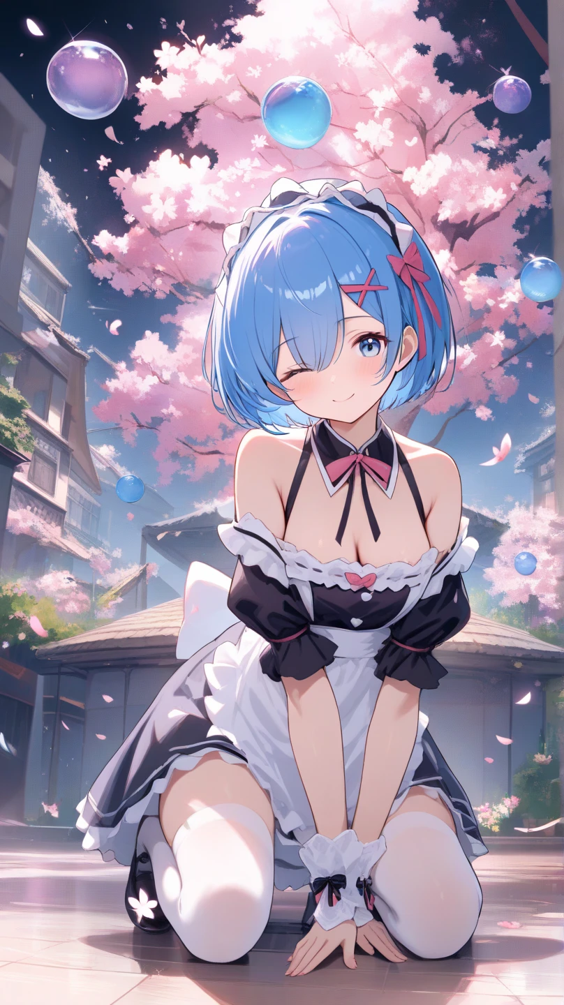 masterpiece, best quality, medium breasts, (curvy)  ,,, sitting on bench, side view, looking at viewer ,,,BREAK,  rem (re:zero), 1girl, solo, breasts, looking at viewer, blush, smile, short hair, bangs, blue eyes, large breasts, hair ornament, long sleeves, dress, ribbon, cleavage, medium breasts, closed mouth, blue hair, hair ribbon, pantyhose, cowboy shot, frills, detached sleeves, indoors, hair over one eye, apron, maid, maid headdress, black ribbon, x hair ornament, waist apron, white apron, white pantyhose, pink ribbon, chalkboard, roswaal mansion maid uniform,,, smile,   pnkBldng, sky, day, cloud, tree, blue sky, building, architecture, east asian architecture,  <lora:PinkBuildingIXL_v2:1.0>,