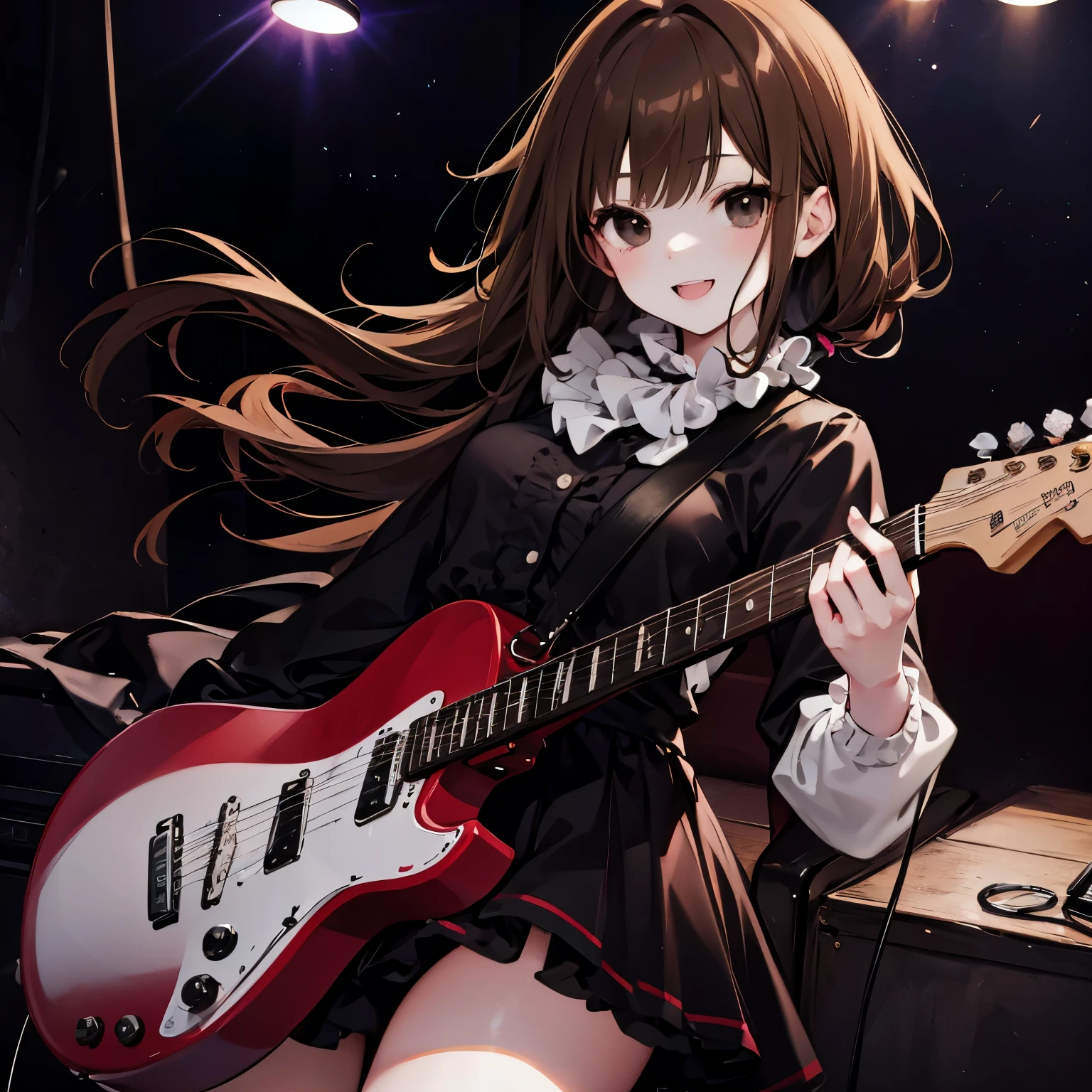 Tohsaka Rin、guitarist、stage、UHD, retina, masterpiece, ccurate, anatomically correct, textured skin, super detail, high details, high quality, best quality, highres, 4K