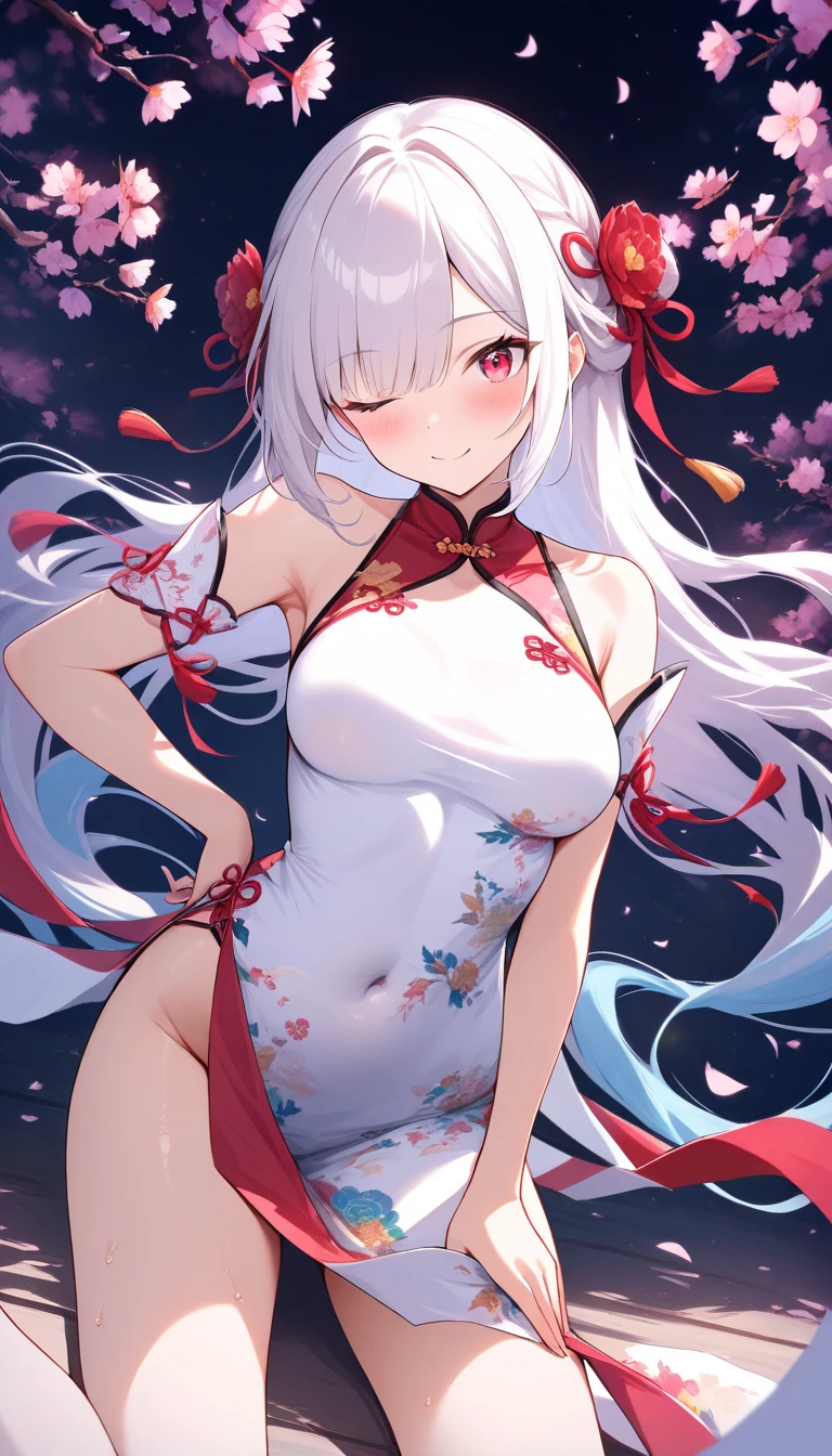 Pink Hair、Pink Eyes、girl、Small breasts、Hair Bun、girl、Small breasts、ta、Bright smile、Looks about 15 yan Musume、short、目のhighlight、Sexy thighs、Wearing china clothes、Showing armpits、Your eyes are so beautiful、highlight