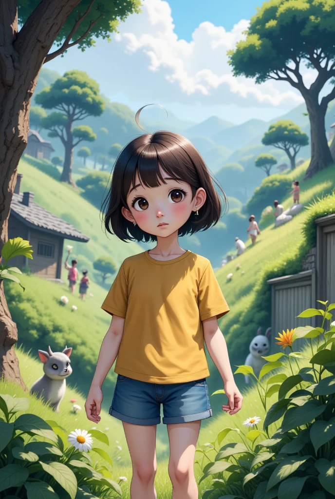 clew:A very charming little girl carrying a backpack,With her cute puppy,Enjoy a lovely spring outing surrounded by beautiful yellow flowers and nature。The illustration is a high-definition illustration in 4K resolution,Highly detailed facial features and cartoon-style visual effects --auto
