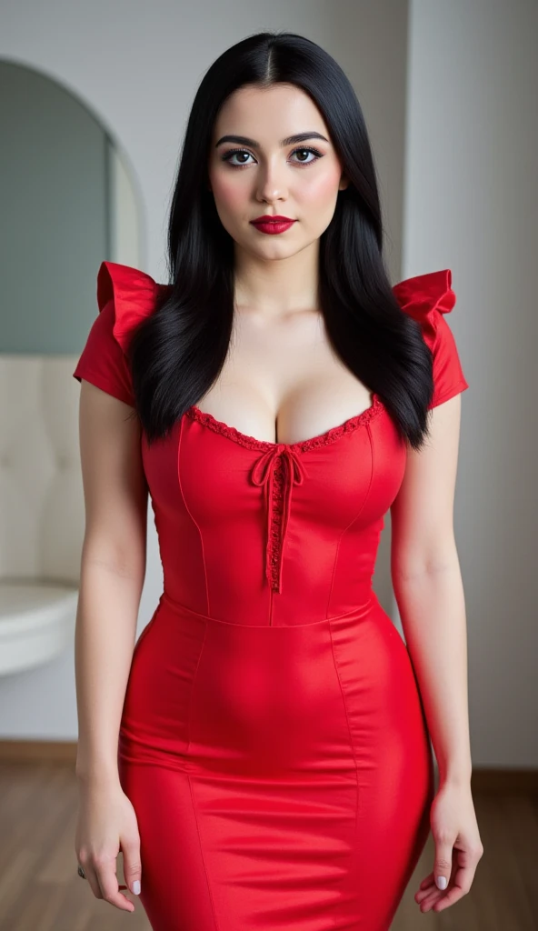 deep neckline, collarbone, white apron, bare shoulders,
Black hair, brown eyes, bangs, voluminous hairstyle,
1 girl, 30 years old, Young woman, Beautiful finger, Beautiful long legs, Beautiful body, Beautiful nose, Beautiful character design, perfect eyes, perfect face, expressive eyes,
looking at the viewer, in the center of the image, (Upper_body), (close-up), (Focus on her face),
official art, extremely detailed CG unity 8k wallpaper, perfect lighting, bright colorful front lighting, glowing skin, horror art, dread, action shot of a scary ghost chasing the viewer, dynamic running, in a decrepit underground tunnel in hell, spooky, white dress, disconcerting, disturbing, terrifying, (horror lighting), dynamic (((action:0.9))), a woman standing on a completely red background, from above, whole body
(masterpiece:1.0), (best_quality:1.0), ultra-high resolution, 4K, ultra-detailed,
photography, 8K, HDR, high resolution, absurd:1.2, Kodak portra 400, film grain, blurred background, bokeh:1.2, lens flare, (vibrant_color:1.2)
(Beautiful, big_breasts:1.4), (beautiful_face:1.5), (narrow_waist),transgendered