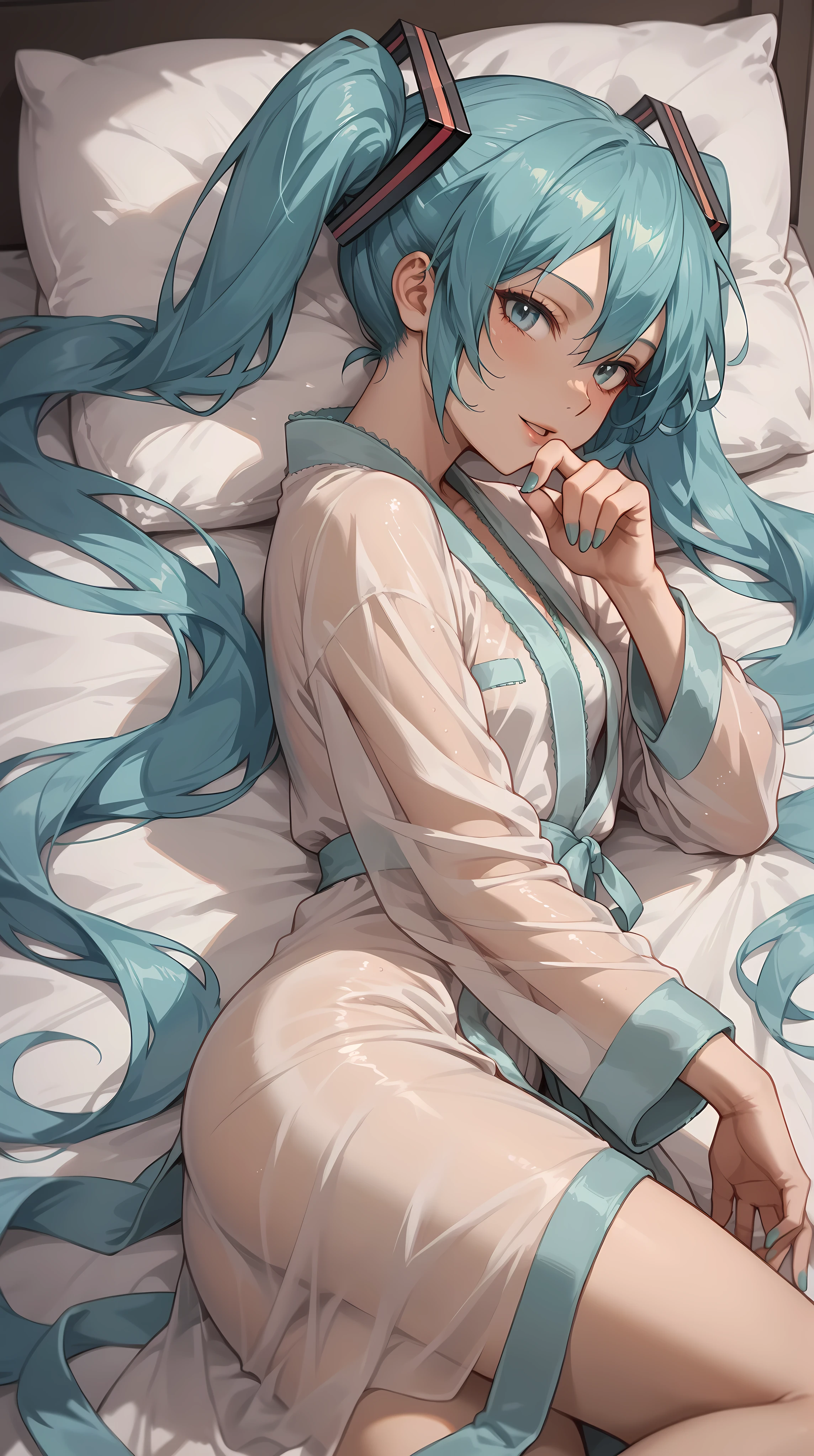 score_9, score_8_up, score_7_up, Hatsune miku, sheer silk bathrobe, laying, lying on side, side view, on side, seductive pose, dynamic pose