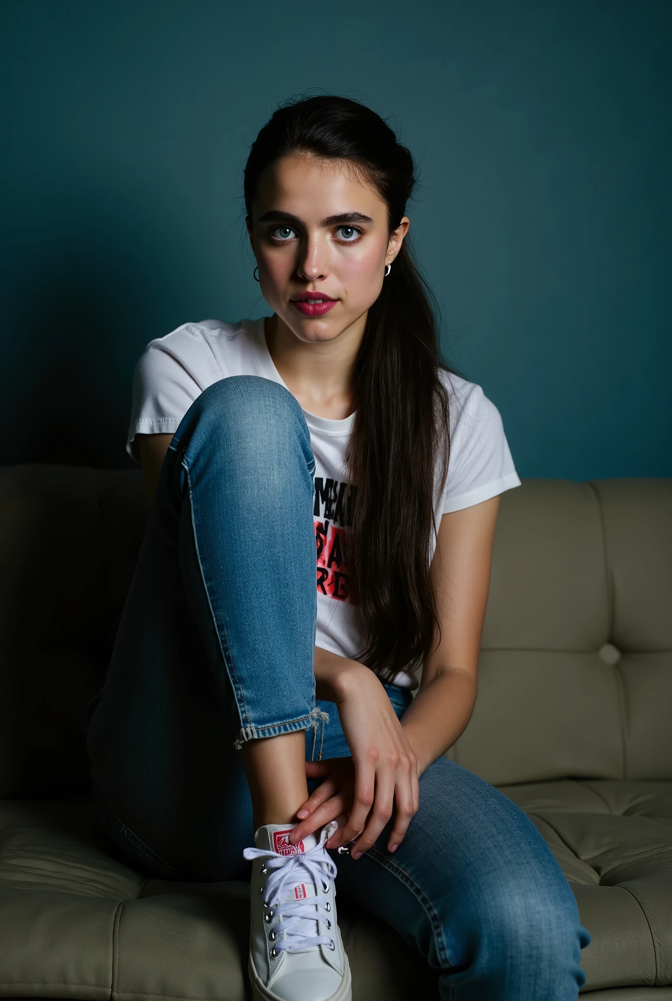 score_9, best quality, highly detailed, absurd resolution, full body shot, wide shot, low camera angle, 1girl, Margaret Qualley, margqflx
, european, sitting on a couch, looking directly straight at you, dynamic pose, in her bedroom studio, seductive posing, young, slim waist, wearing makeup, intricate hair, long eyelashes, big blue eyes, bright pink glossy lipstick, smiling, loop earrings, (tight skinny jeans), (wearing cute t-shirt), wearing sneakers, small feet, presenting her feet in sneakers, domineering expression, looking down on you, mistress, dynamic lighting, masterpiece, 8k, full body visible
