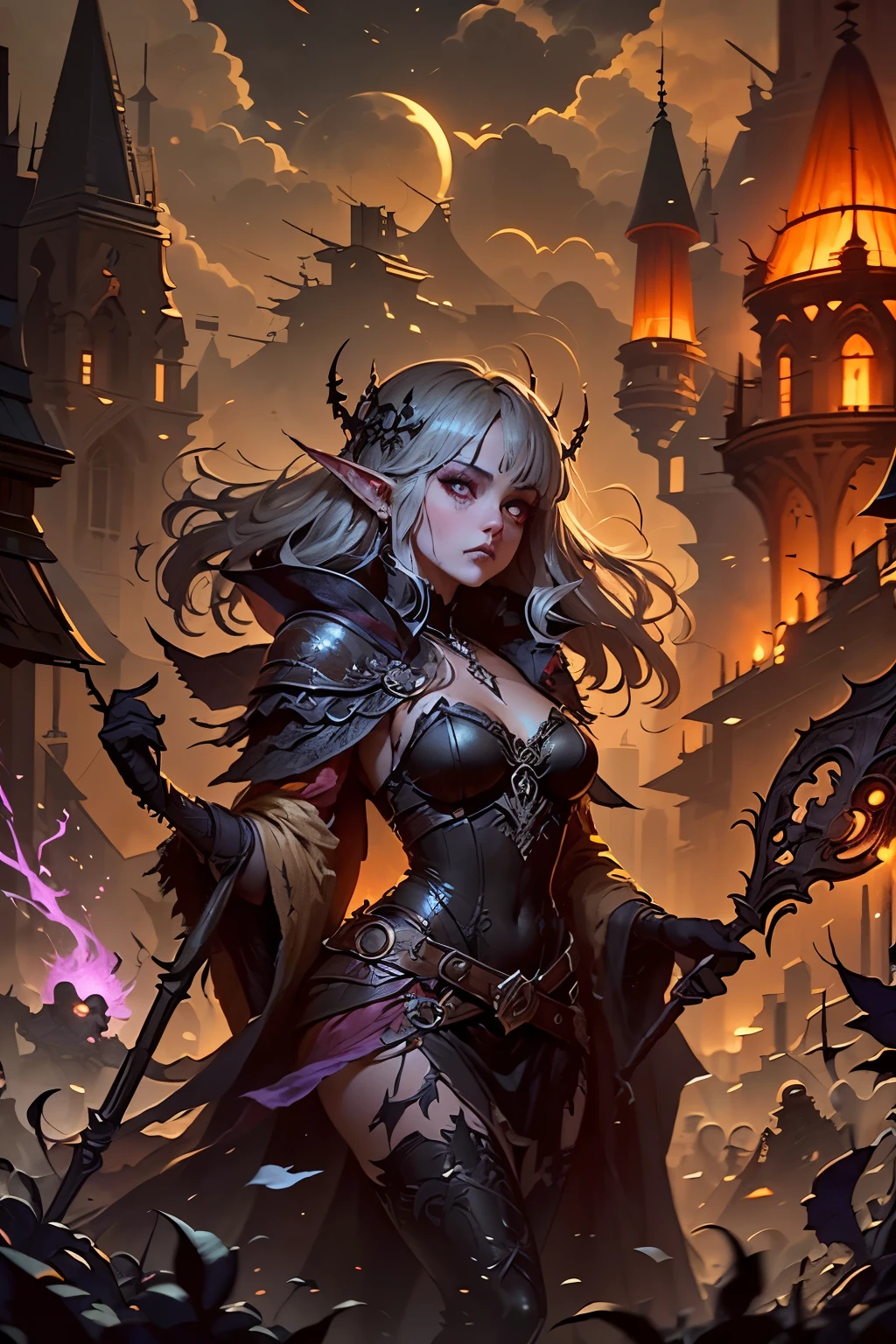 (Ultra-detailed face, Looking Away, Gothic Illustration, Dark Tone Colors.) , BREAK
(The space is a mixture of orange and purple. The sky is covered with gray clouds. Buildings stand tall and thin like thorns. Some towers are floating in the air. The exterior of the buildings is a dark, medieval Scandinavian stone structure with gargoyle statues attached menacingly to various parts of the building. All are rusted.) , BREAK
(With the royal palace in the background, a lady of the underworld floats in midair. Behind her, the inhabitants of the underworld are crowded, including gray-eyed humans, elves, dwarves, tieflings, hobbits, and mechanical artifacts. They are bent over the Lady.) , BREAK
(The Lady of the Underworld wears a Venetian mask, light gray very long wavy hair, dark gray skin, almond-shaped eyes, gray pupils, thick dark eyeliner around the eyes, and smoky makeup around the eyes.), (The Lady of the Underworld wears a shiny black bib necklace with a net covering her neck. She wears a very long robe of jet black, sewn together from several layers of torn cloth, and carries a staff with a swirl pattern of purple glowing thorns on the tip of the staff.)