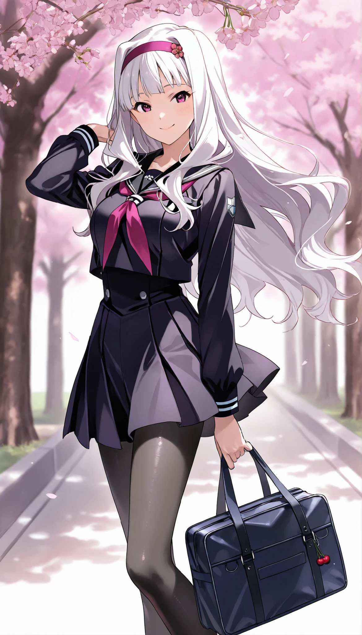 score_9 , score_8_up , score_7_up , source_anime ,1 girl, solo, Shijou Takane, white hair, long hair, purple eyes, headband, black Sailor Suit, (black pantyhose: 1.5), holding school bag, (smile: 1.1), cherry tree