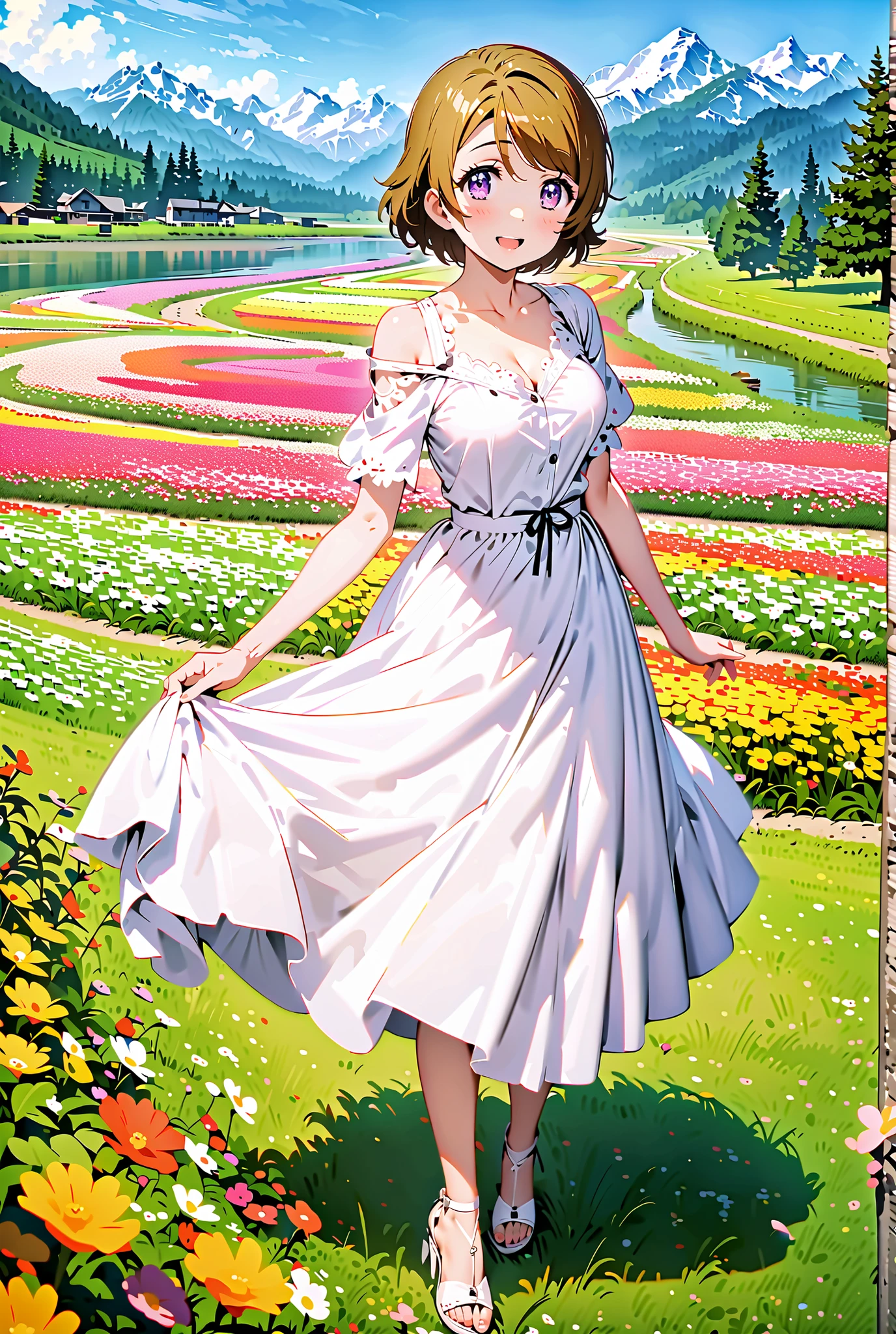 Hanayo Koizumi, short hair, brown hair, purple eyes,Medium breast, White Off Shoulder Dress, white long skirt,Heeled Sandals,standing,smile,cover,opens her mouth,noon,Flower Field,Mountain,river,nature,full bodyがillustrationsに入るように,break outdoors,nature,,
break looking at viewer,full body,
break (masterpiece:1.2), of the best quality, high definition, Unity 8k 壁紙, (illustrations:0.8), (beautiful detailed eyes:1.6), Highly Detailed Face, so that it fits into the illustration, Extremely Detailed CG, (perfect hand, Perfect Anatomy),