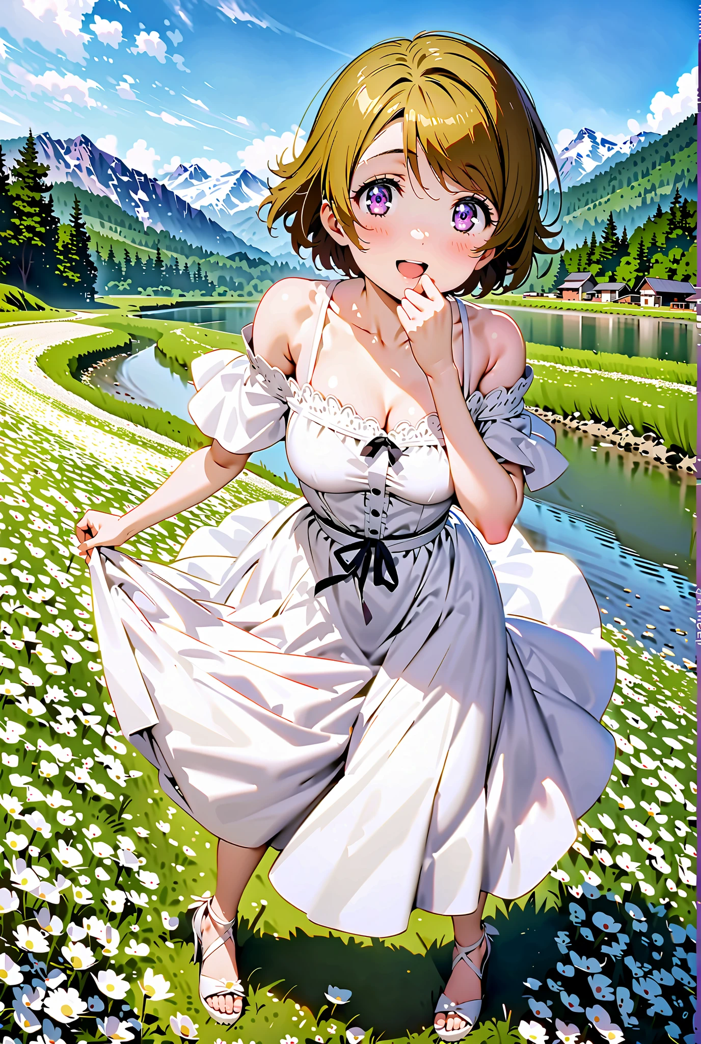  Hanayo Koizumi, short hair, brown hair, purple eyes,Medium breast, White Off Shoulder Dress, white long skirt,Heeled Sandals,standing,smile,cover,opens her mouth,noon,Flower Field,Mountain,river,nature,full bodyがillustrationsに入るように,break outdoors,nature,,
break looking at viewer,full body,
break (masterpiece:1.2), of the best quality, high definition, Unity 8k 壁紙, (illustrations:0.8), (beautiful detailed eyes:1.6), Highly Detailed Face,  so that it fits into the illustration, Extremely Detailed CG, (perfect hand, Perfect Anatomy),
