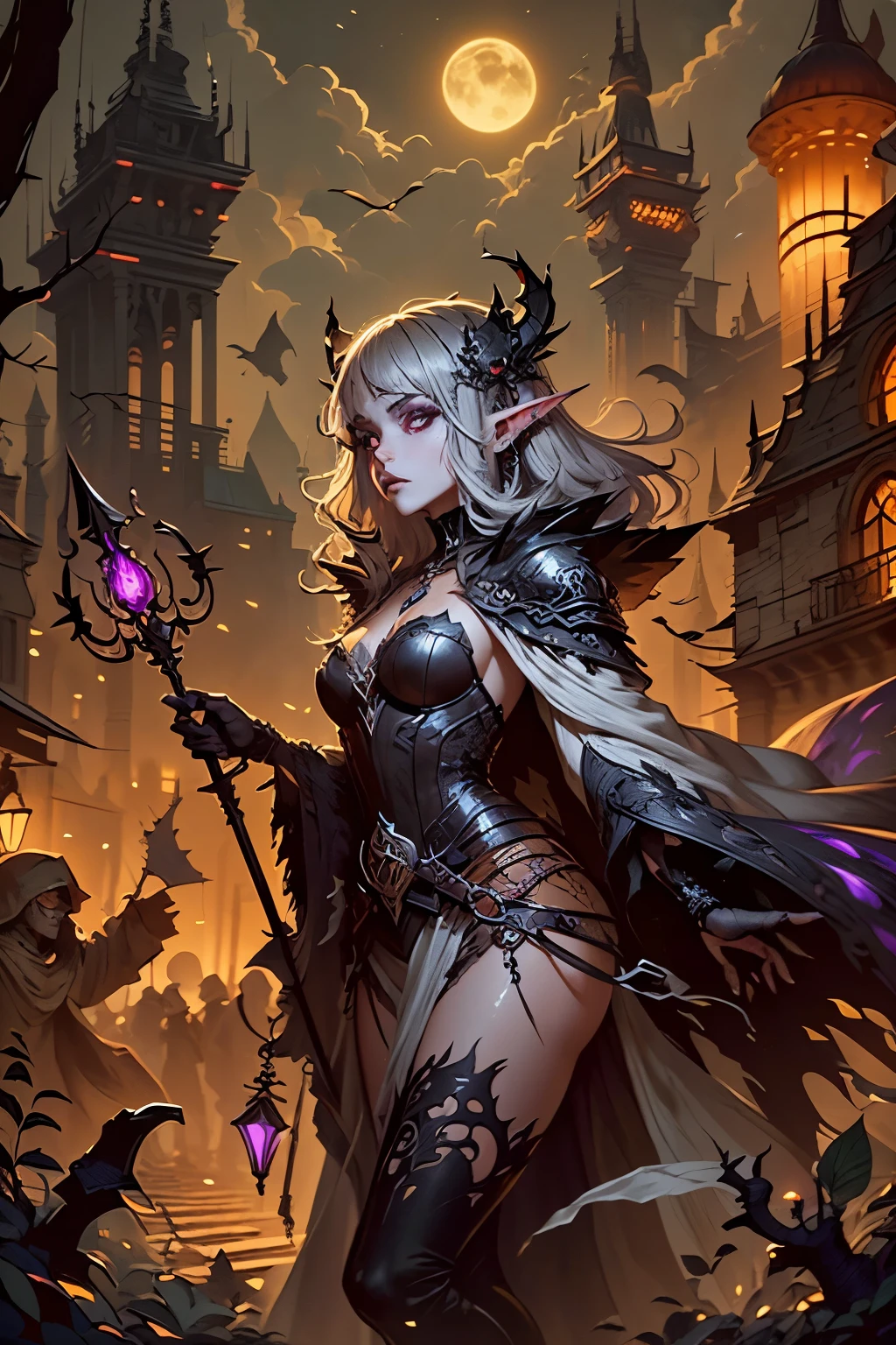 (Ultra-detailed face, Looking Away, Gothic Illustration, Dark Tone Colors.) , BREAK
(The space is a mixture of orange and purple. The sky is covered with gray clouds. Buildings stand tall and thin like thorns. Some towers are floating in the air. The exterior of the buildings is a dark, medieval Scandinavian stone structure with gargoyle statues attached menacingly to various parts of the building. All are rusted.) , BREAK
(With the royal palace in the background, a lady of the underworld floats in midair. Behind her, the inhabitants of the underworld are crowded, including gray-eyed humans, elves, dwarves, tieflings, hobbits, and mechanical artifacts. They are bent over the Lady.) , BREAK
(The Lady of the Underworld wears a Venetian mask, light gray very long wavy hair, dark gray skin, almond-shaped eyes, gray pupils, thick dark eyeliner around the eyes, and smoky makeup around the eyes.), (The Lady of the Underworld wears a shiny black bib necklace with a net covering her neck. She wears a very long robe of jet black, sewn together from several layers of torn cloth, and carries a staff with a swirl pattern of purple glowing thorns on the tip of the staff.)