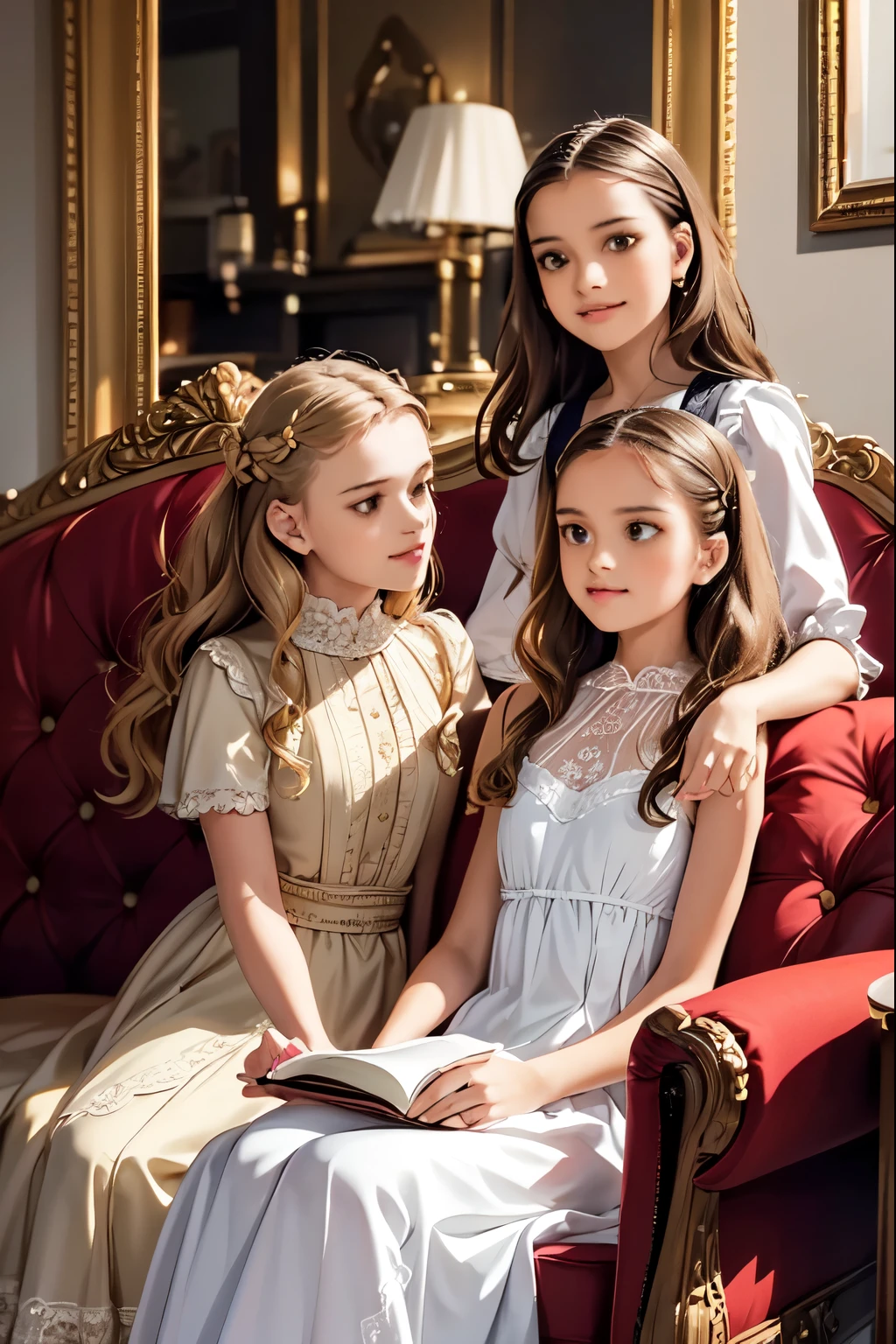 In the family portrait, Madame Seraphina and her daughter Isabella stand side by side, strikingly similar yet distinctly different. Seraphina, the headmistress, is dressed in her professional attire: a tailored pencil skirt that accentuates her slim waist and a low-cut silk blouse that reveals her flawless complexion and youthful beauty. Her accessories, a string of pearls around her neck and diamond studs in her ears, add an air of sophistication to her look. Her long, wavy hair is styled perfectly, and her captivating eyes look straight into the camera, exuding an air of power and authority. Her full lips curve into an enigmatic smile, hinting at the complex character beneath her stunning exterior.
Standing next to her, Isabella is a mirror image of her mother in her younger years. Her school uniform, a crisp white blouse tucked into a navy-blue skirt, is worn with a unique flair. The skirt is daringly short, showcasing her long, model-like legs. Her tie is knotted perfectly, and a vintage silver locket hangs around her neck, subtly hinting at her rebellious nature. Her blonde hair, similar to her mother's, cascades down her shoulders, adding to her youthful charm. Her captivating blue eyes, a carbon copy of her mother's, sparkle with a mix of innocence and mischief.
Both women, despite the difference in their attire, stand tall and confident, their postures radiating elegance and authority. The family resemblance is unmistakable, from their physical features to their shared sense of style. Yet, their individual personalities shine through, creating a captivating contrast. Seraphina's dominance and power are balanced by Isabella's youthful rebellion and charm, making this family portrait a testament to their complex and intertwined relationship.