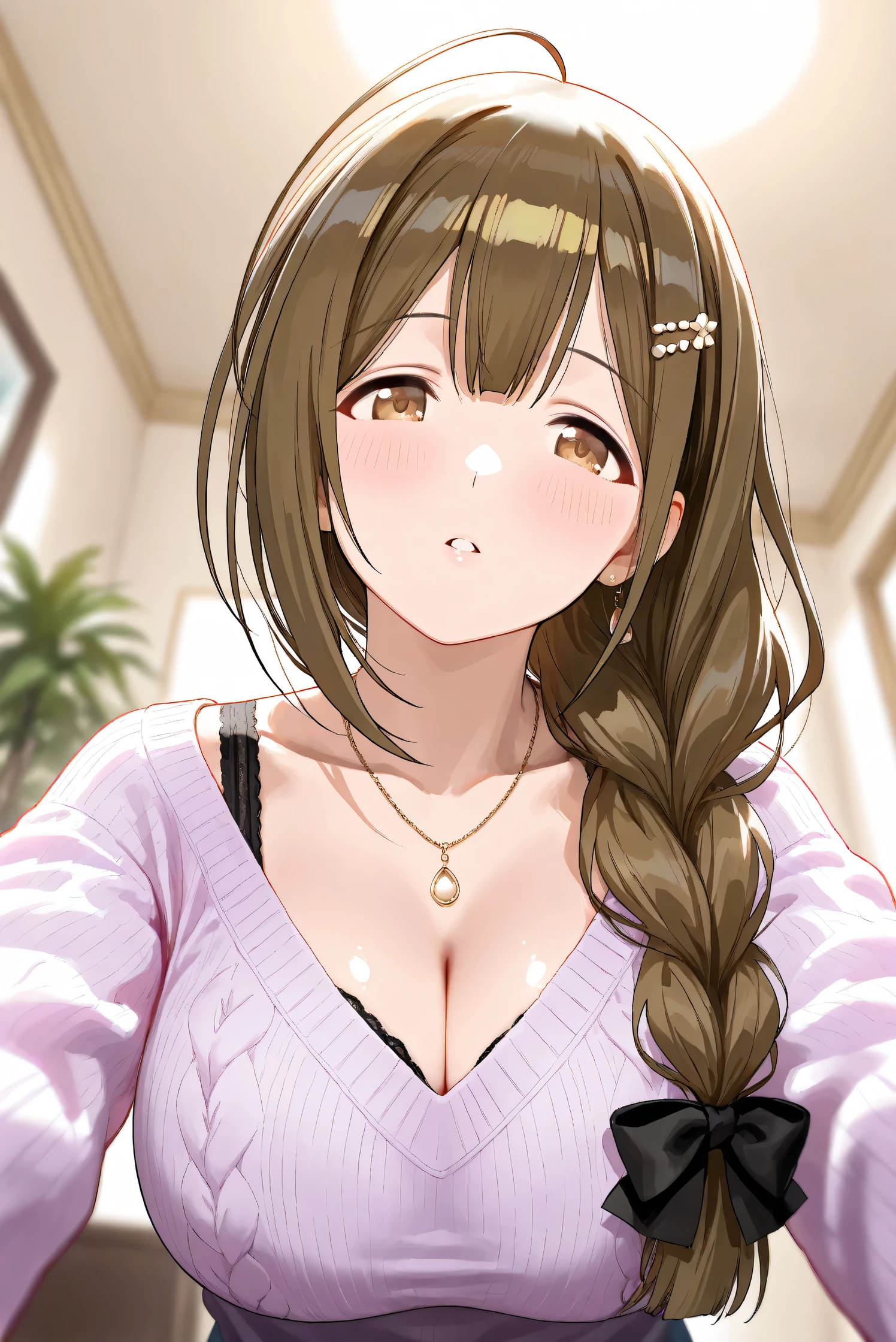 (Masterpiece), (Highest quality), (Very detailed),
(The best shape), (Best Shadow), (Absurd),
(Detailed background), (So beautiful), Shiny ,
Extraordinary, Countershading, 8k, 32K, High resolution, Beautiful eyes in every detail,
Very Detailed CG, UHD,
Score_9, Score_8_up, Score_7_up, Source_anime,
(Pastel painting:1.2), (Watercolor painting:1.2),
(Masterpiece, Detailed:1.2), (Foreshortening:1.2),
Cinematic, Dramatic, (Depth of field:1.4),
(Blurry background:1.4), (Realistic background:1.4),
(Foreshortening:1.3),Dynamic angle, 1 girl,
Indoor, Living room, Houseplants,from below,
Kuwayama chiyuki,
The idolmaster shiny colors,
kuwayama chiyuki,
(Breasts:0.5), Brown hair, Large breasts, Ahoge, Long hair, Brown eyes, Braid, Collarbone,
(Casual wear:1.3),
Sweater, V-neck sweater, Light purple sweater,
Bra, Black bra,
Necklace, Hairpin,
Focus on face, (Close up shot:1.2),
(Blush:1.3), Parted lips, head tilt,
Realistic skin, Shiny skin,