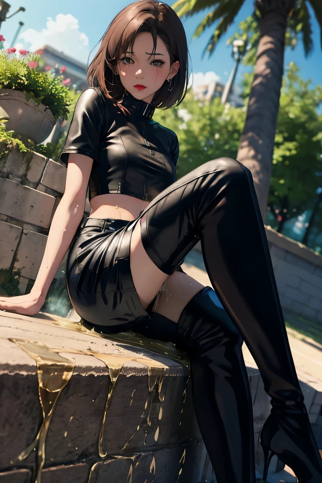 anime, best quality, high quality, highres, beautiful women, high detail, good lighting, lewd, hentai, (no nudity), ((((bike shorts)))), ((tight leather top)), ((((leather thigh high boots)))), bare midriff, (wet shorts), (((wetting herself))), (((peeing herself))), (((peeing self))), (pee streaming down legs), peeing stain, (puddle), (thick thighs), nice long legs, lipstick, detailed face, pretty face, pretty hands, embarrassed blushing face, humiliated, (((outdoors))), (((sitting legs crossed))), hihelz