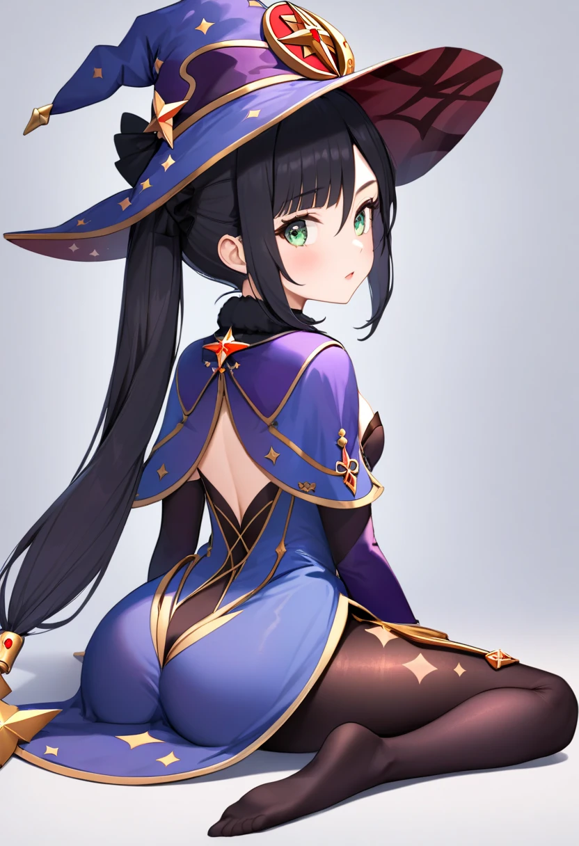 ((masterpiece)),(((best quality))),(character design sheet, same character, same outfit, front view, side view, back view), illustration, 1 girl, alone, beautiful girl, genshin impact style, full body, witch, purple witch costume, big witch hat, golden eyes, long black hair, medium breasts, corset, open legs, thick thighs, black tight thigh stockings, big butt.