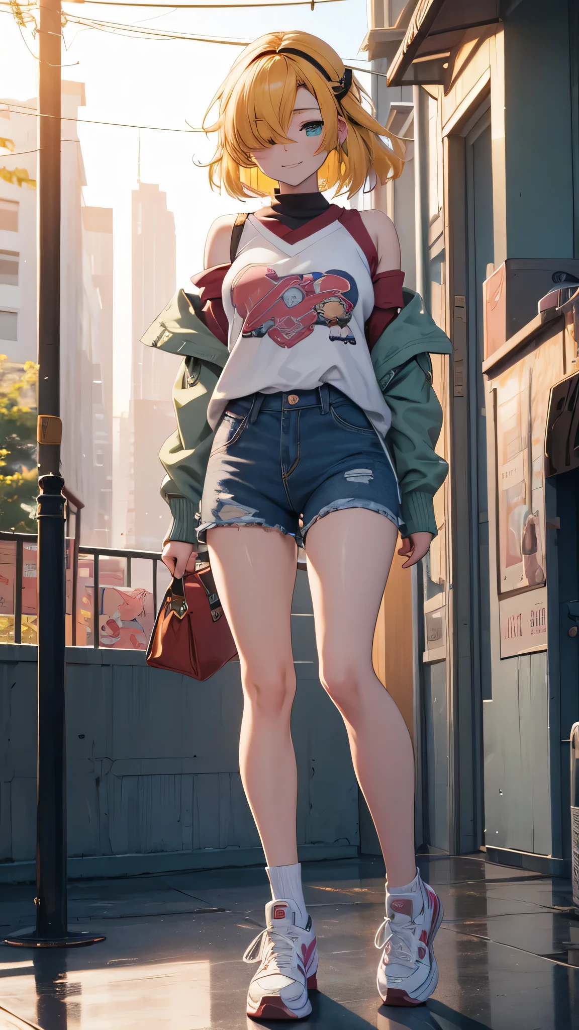 Ultra-realistic 8kCG,tmasterpiece,((hyper detailed background,delicate patterns,intricate-detail)),best qualtiy,extremely detailed man,extremely detailed eye and face,extremely detailed eye, (Skatepark:1.2 One Girl, 19 years old, Asian, Anime visuals of cute girls, Cute anime girl, , Cute Anime, Cute:2, anime style 4 k, kawaii realistic portrait, cute anime style, young anime girl, Laid back girl, 1girl, future princess guardian tales, yellow hair, short hair, hair band, bangs, hair over one eye, one eye covered, Sweater, shorts, sneakers,(Off-the-shoulder costumes:1.7) ,enchanting posture, , ssmile,