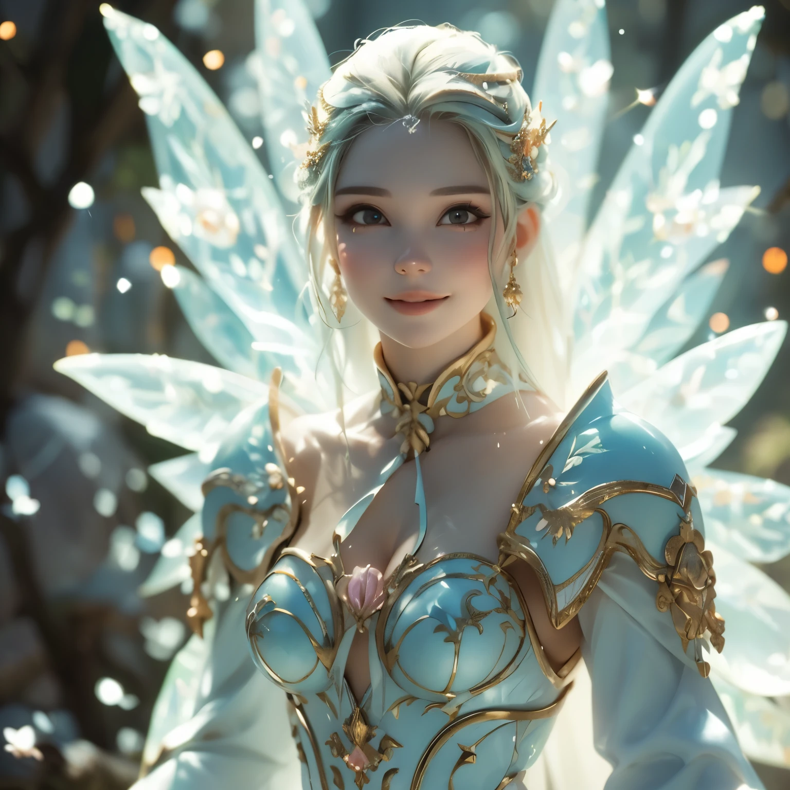 (RAW Photo, Best Quality), (Realistic, Photorealistic True: 1.3), Best Quality, Highly Detailed, Masterpiece, Hyper Detail, Illustration, 1 Girl, Smile, Butterfly Hair Ornament, White Hair, Black Hanfu, Red Gauze, Elder on Back A Pair of Blue Butterfly Wings, Wield a Swords, Butterfly Fairy, upper_body, Dynamic Angle, World Mastery Theater, Flying Long Hair, Fluores cent Red, dynamic Fire inbackground, best quality, extremely detailed CG unified 8k wallpaper, ink, amazing, cinema lighting, lens_flare, wuxia_style