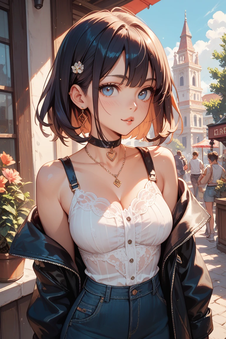mash kyrielight, White hair, short hair, red eyes, girl, woman, female, little, child, 10 years old, medium hair, curly hair, bangs, eyes visible through hair, side braid, white and black hair, multicolored hair, red inner color, beautiful detailed Glass hair, delicate beautiful face, red pupils, fangs, small_breasts, pale blue eyes, white skin, choker, gloves, nice hands, perfect hands, camisole, holding fruit, lemon, grapefruit, parted lips, blush, skirt, earring, holding food, bang, in fruit market, more_details:-1, more_details:0, more_details:0.5, more_details:1, more_details:1.5