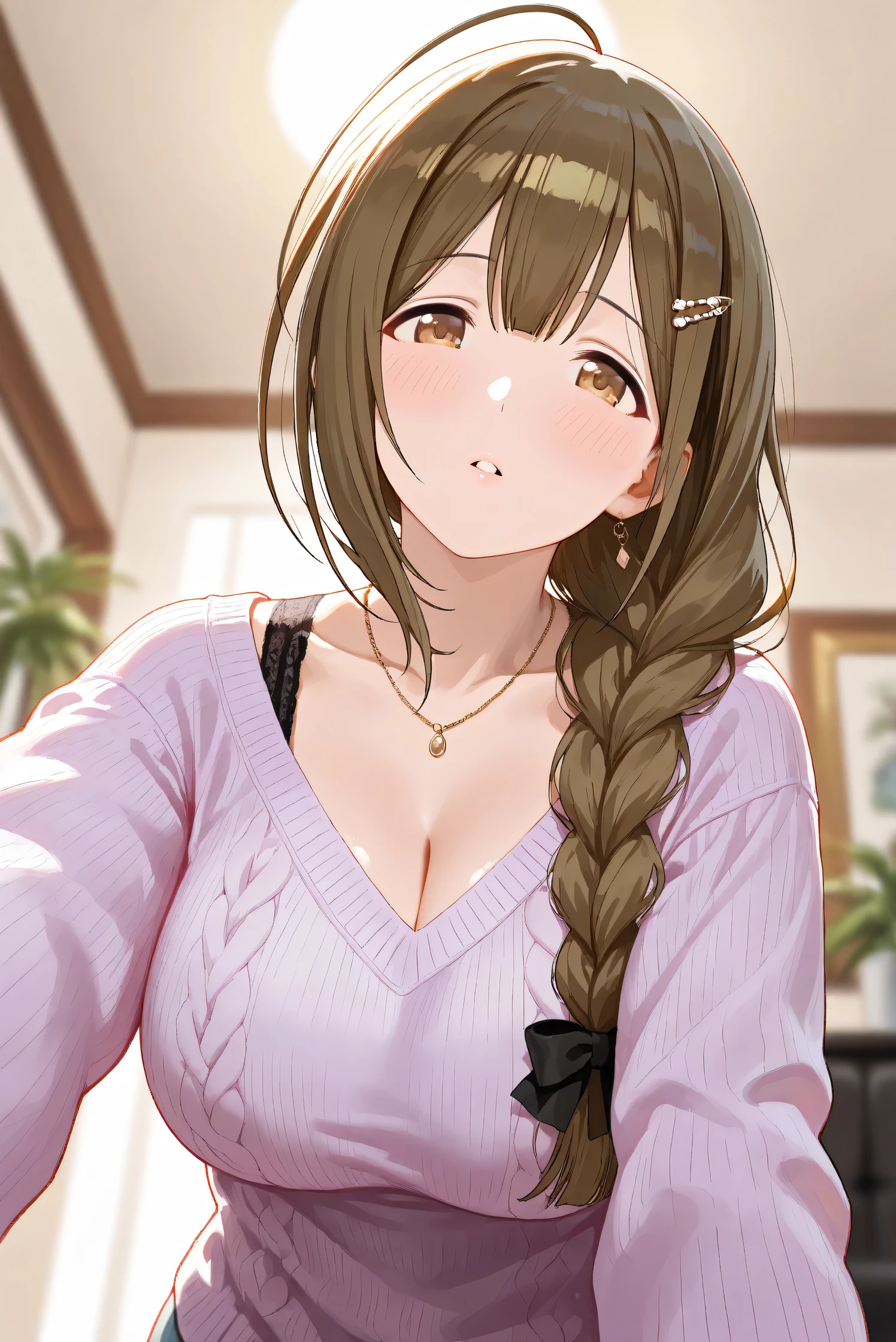 (Masterpiece), (Highest quality), (Very detailed),
(The best shape), (Best Shadow), (Absurd),
(Detailed background), (So beautiful), Shiny ,
Extraordinary, Countershading, 8k, 32K, High resolution, Beautiful eyes in every detail,
Very Detailed CG, UHD,
Score_9, Score_8_up, Score_7_up, Source_anime,
(Pastel painting:1.2), (Watercolor painting:1.2),
(Masterpiece, Detailed:1.2), (Foreshortening:1.2),
Cinematic, Dramatic, (Depth of field:1.4),
(Blurry background:1.4), (Realistic background:1.4),
(Foreshortening:1.3),Dynamic angle, 1 girl,
Indoor, Living room, Houseplants,from below,
Kuwayama chiyuki,
The idolmaster shiny colors,
kuwayama chiyuki,
(Breasts:0.5), Brown hair, Large breasts, Ahoge, Long hair, Brown eyes, Braid, Collarbone,
(Casual wear:1.3),
Sweater, V-neck sweater, Light purple sweater,
Bra, Black bra,
Necklace, Hairpin,
Focus on face, (Close up shot:1.2),
(Blush:1.3), Parted lips, head tilt,
Realistic skin, Shiny skin,