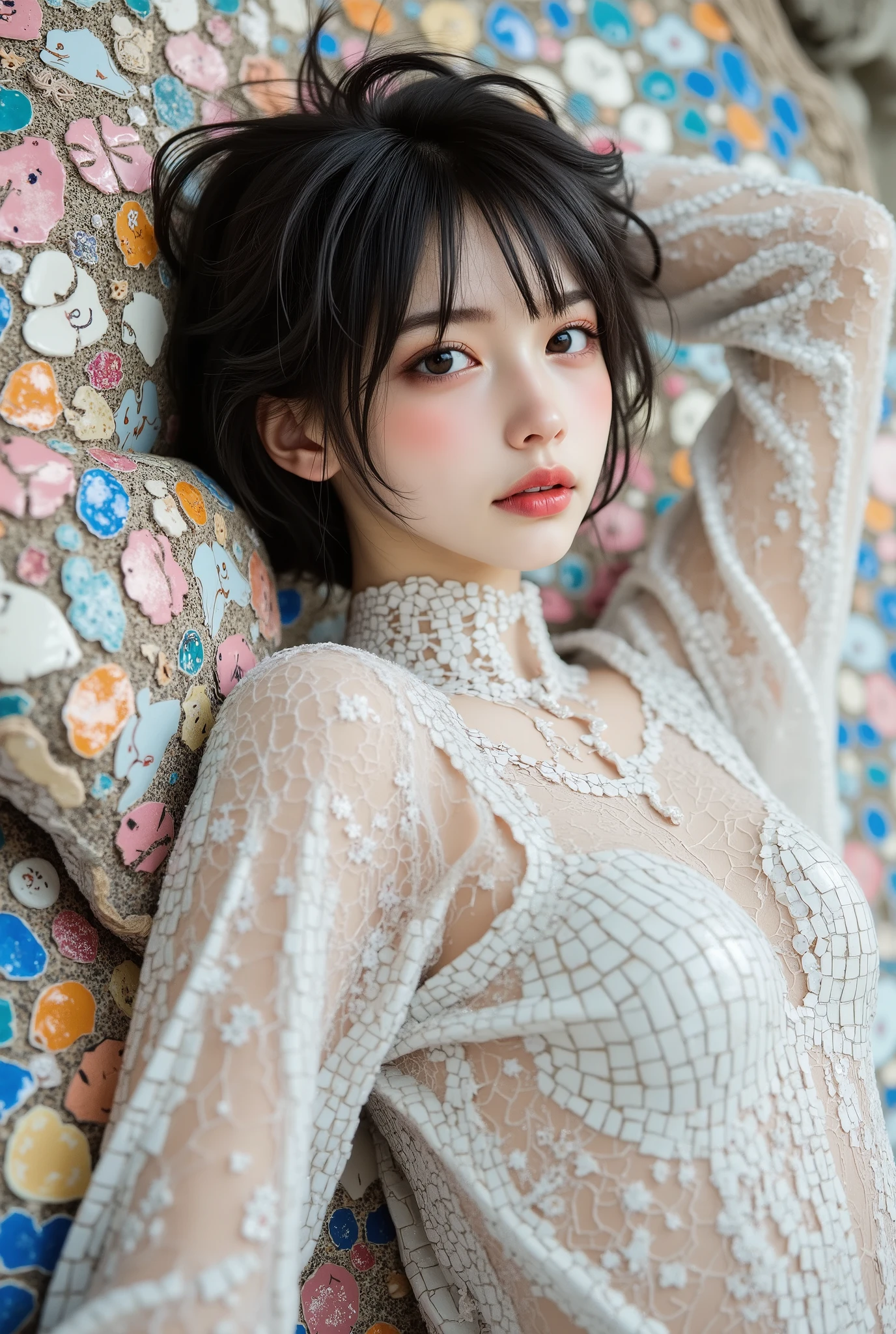 documentary photo, realistic, dramatic scene, very beautiful Japanese young woman, famous beautiful Japanese idol, beautiful white transparent skin, detailed face skin texture with colorful with Sparkling and vibrant makeup, beautiful turquoise eyes, black colored short curly haired, Her body is tiled in pastel colors as part of a mosaic art, The tiles are attached directly to her body without gaps, She lies on the floor of a mosaic art of a sleeping giant fat cat, she looks sad, spot lighting, she shines As part of a breathtaking and spectacular work of art, full body shot, She is displayed among numerous works of art, 