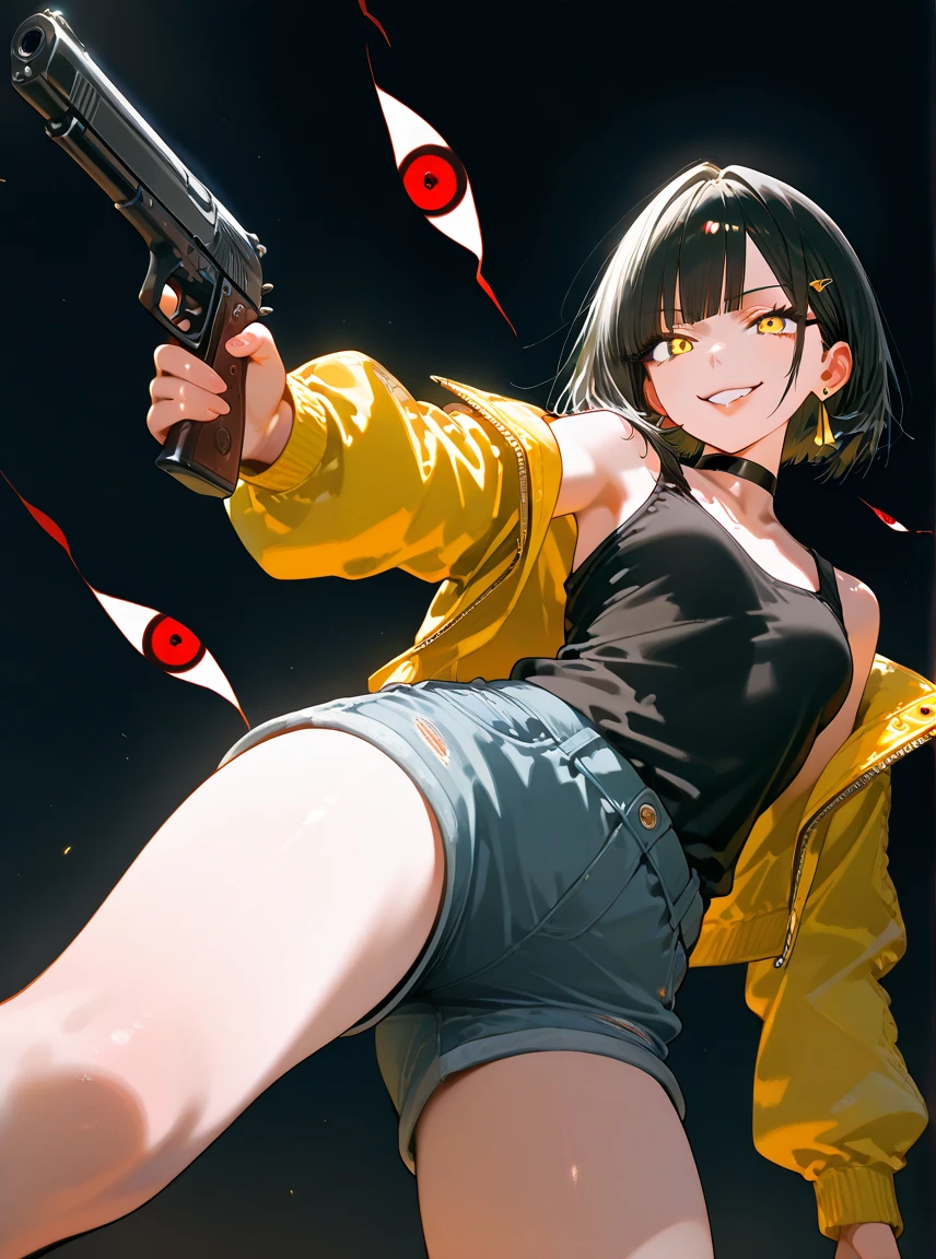 very aesthetic, 걸작, 고해상도, 8k 해상도, high contrast, semrealistic, newest, koreanai, best_quality, finely_detailed_eyes_and_detailed_face, 1 female, latina, brown skin, dark_eyes, black_hair, short_cut, parted_bangs, looking at viewer, (dynamic_pose), front_view, half_body_shot, (smoke_cigarette, cigarette smoke), city, big_breasts 