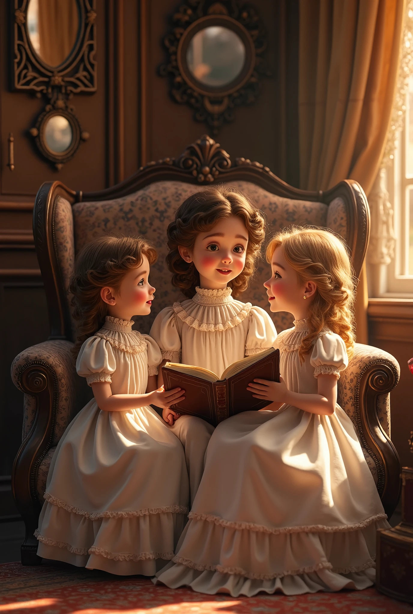 A warm, golden light illuminates a cozy parlour setting in the Victorian era. Three normal young girls, dressed in frilly, high-necked gowns and puffed sleeves, sit together on a plush armchair. The eldest, with curly brown locks, holds a worn leather-bound book, while her companions, sporting matching blonde ringlets, gaze up at her with admiration. The backdrop is a rich, dark wood paneling, adorned with ornate mirrors and intricately carved furniture. Soft, gentle shadows dance across the scene as the girls' laughter and whispers fill the air.
