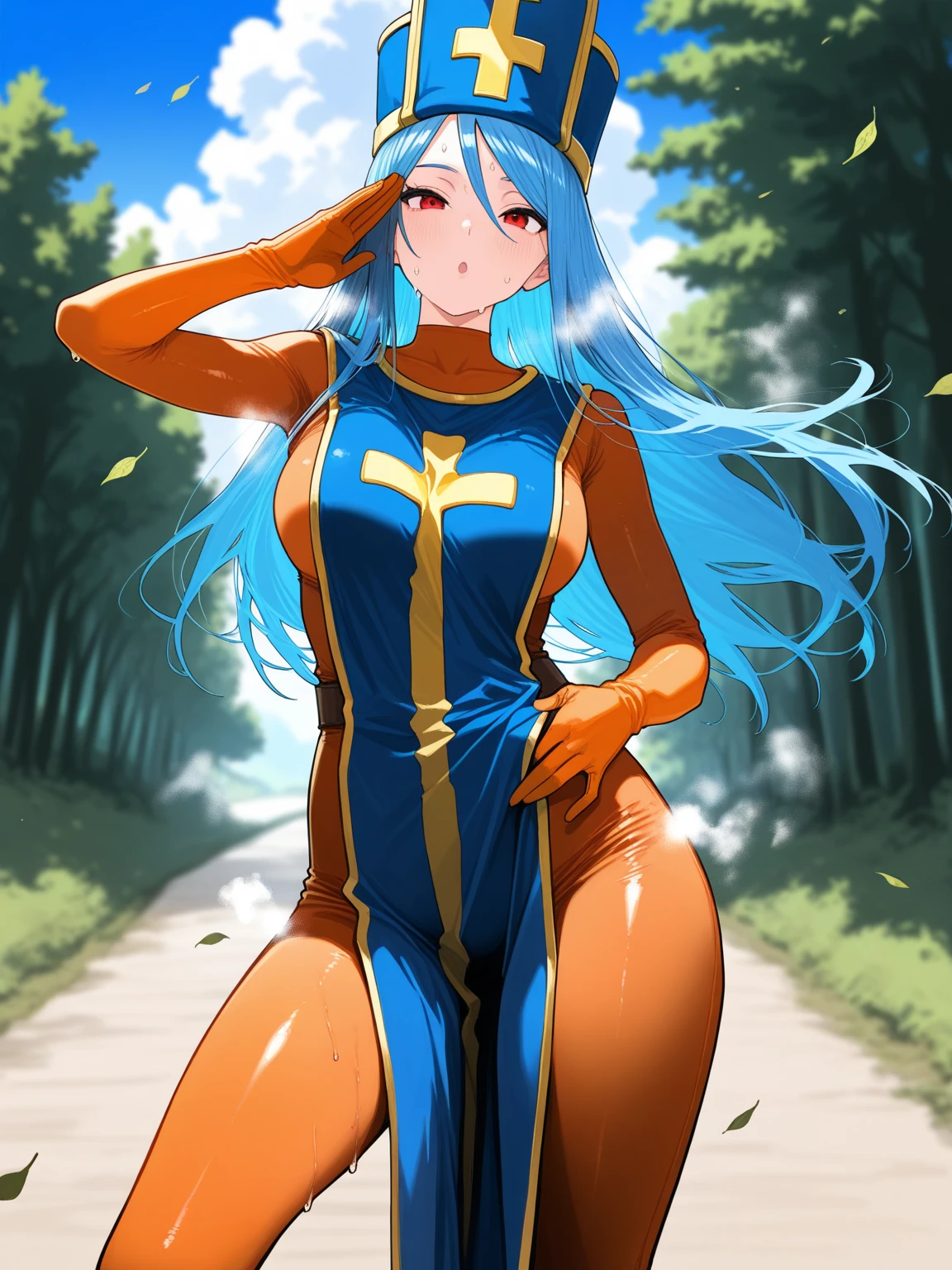 priest \(dq3\), orange bodysuit, long hair, 1girl, solo, breasts, looking at viewer, large breasts, red eyes, gloves, hat, blue hair, aqua hair, bodysuit, staff, tabard, cross print, mitre, (forest, blue sky:1.1), from behind, torn clothes <lora:DQ3Priest:0.7>