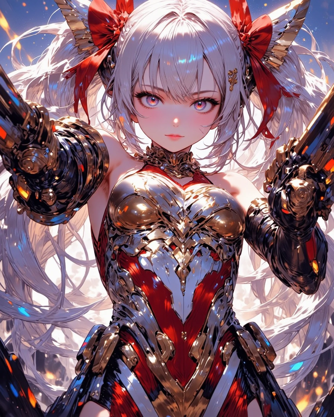 absurdres, best quality, masterpiece, ultra detailed beautiful moe anime, dynamic angle, action pose, The frilly mech princess clad in flames appears as if she has emerged from another world. Her mechanical body is intricately crafted, and a frilly dress elegantly covers her mechanical parts. Flames rise around her, emitting a dazzling light as they envelop her. Her eyes are a fiery red, conveying a strong will. On the battlefield, she overwhelms her enemies with her fiery power, captivating onlookers with her beauty and strength. Her presence is like that of a heroine from a legend.