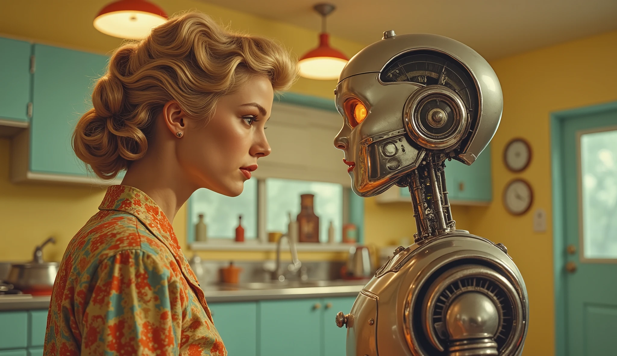 "1950s housewife with soft blonde curls and colorful kitchen uniform gazing at a humanoid female robot with glowing orange eyes, inside a retro kitchen with teal cabinets and yellow walls, chrome appliances, vintage lighting, emotional human-robot interaction"