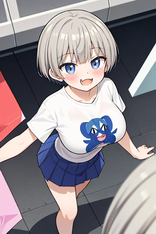 16k,1girl, katsuragi lilja,blue eyes,white hair,short hair,braid,,sailor collar,neck ribbon, white shirt,layered skirt,high-waist skirt,pov,looking view,blush,embarrassed,big breast,breast focus,NSFW