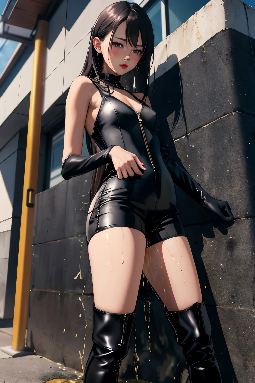 ((best qualtiy, 8k, tmasterpiece:1.3)), Focus:1.2, perfect figure beautiful woman:1.4, Cocked buttocks:1.2, ((Cut hair in layers, Beautiful breasts:1.2)), (wetclothes:1.1) , (Rain, Street:1.3), JK school uniform:1.1, Highly detailed facial and skin texture, A detailed eye, 二重まぶた,Whiten skin,long whitr hair