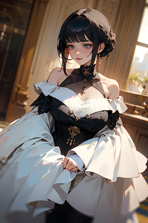 very angry, gigantic breasts, from below, located (inside an old dark victorian spooky mansion, at night) re8dmtrsc, 9ft tall, black sun hat, ((white dress)), pearl necklace, black flower brooch, ((short hair)), ((yellow eyes:1.1)), ((glowing eyes:1.2)), tall, very pale skin, ((best quality)), ((masterpiece)), (Cowboy-shot:1.2), (detailed), absurdres, ((ultra realistic:1.3)), 8K UHD, best quality, dark theme, volumetric lighting, (extremely clear), realism, detailed and intricate, 1girl, (nsfw:0.4), beautiful (slutty) sexy buxom woman, beautiful woman, looking at the viewer, looking disgusted,