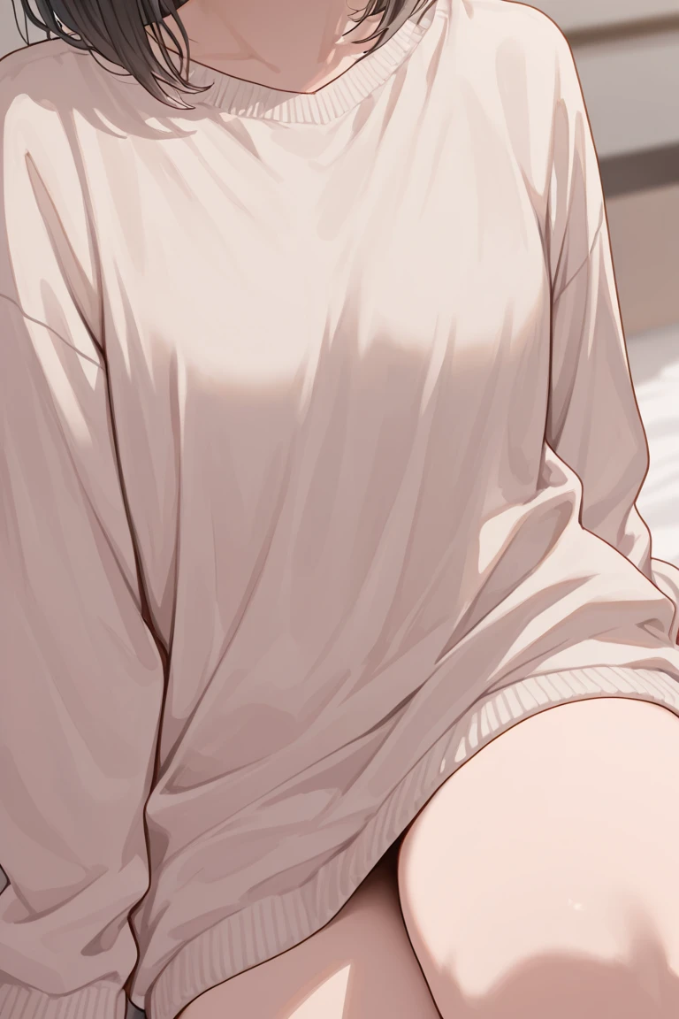 Young women，Black long hair，Straight Hair，Hair ends are slightly curled，Scattered on the shoulders，Fair skin，White loose T-shirt，Slightly longer hem，Cover part of the lower body，Black lace panties，Hiding under a T-shirt，Jiang Xiaochen stands in front of the mirror，手抓Chest，白色液体从Chest溢出，surprise和Puzzled：Eyebrows slightly wrinkled，Eyes wide open，Mouth slightly open，Blushing cheeks，Mild sweating，手紧抓Chest或交叉放在胸前，Chest：full，Papaya shape，White liquid spills，Liquid slightly shiny，surprise、Puzzled、Awkward、nervous、anxiety，手抓Chest，Cross your arms，Rubbing hands nervously