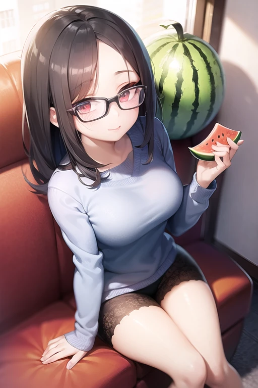 One Girl,Ultra-fine illustrations,masterpiece,highest quality、relax in the room、Cute room、Eating a donut、smile、juice、Lying on the floor、cushion、carpet、Glasses、Are fat、Chubby、Short sleeve shirt、Shorts、Big Breasts、