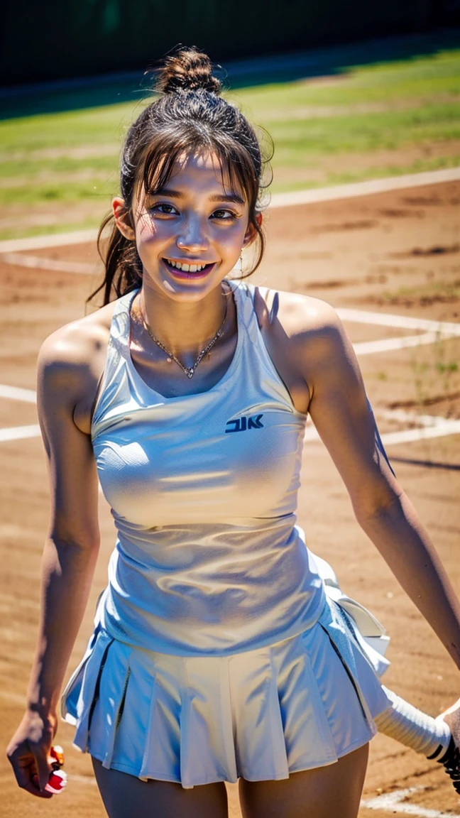 Highly detailed CG Unity 8K wallpapers, With the highest quality, Very detailed, masterpiece, Realistic, Realistic photos, Very detailedかわいい女の子, alone、thin, (タイトなGolf Wear) , (Golf Mini Flare Skirt) , (Wearing golf gloves)、smile , thin body, ((Large Breasts))、Viewers watch, Full Body Shot , Golf course , Sun visor, ponytail,Japanese women、light makeup、Baby Face、セクシー