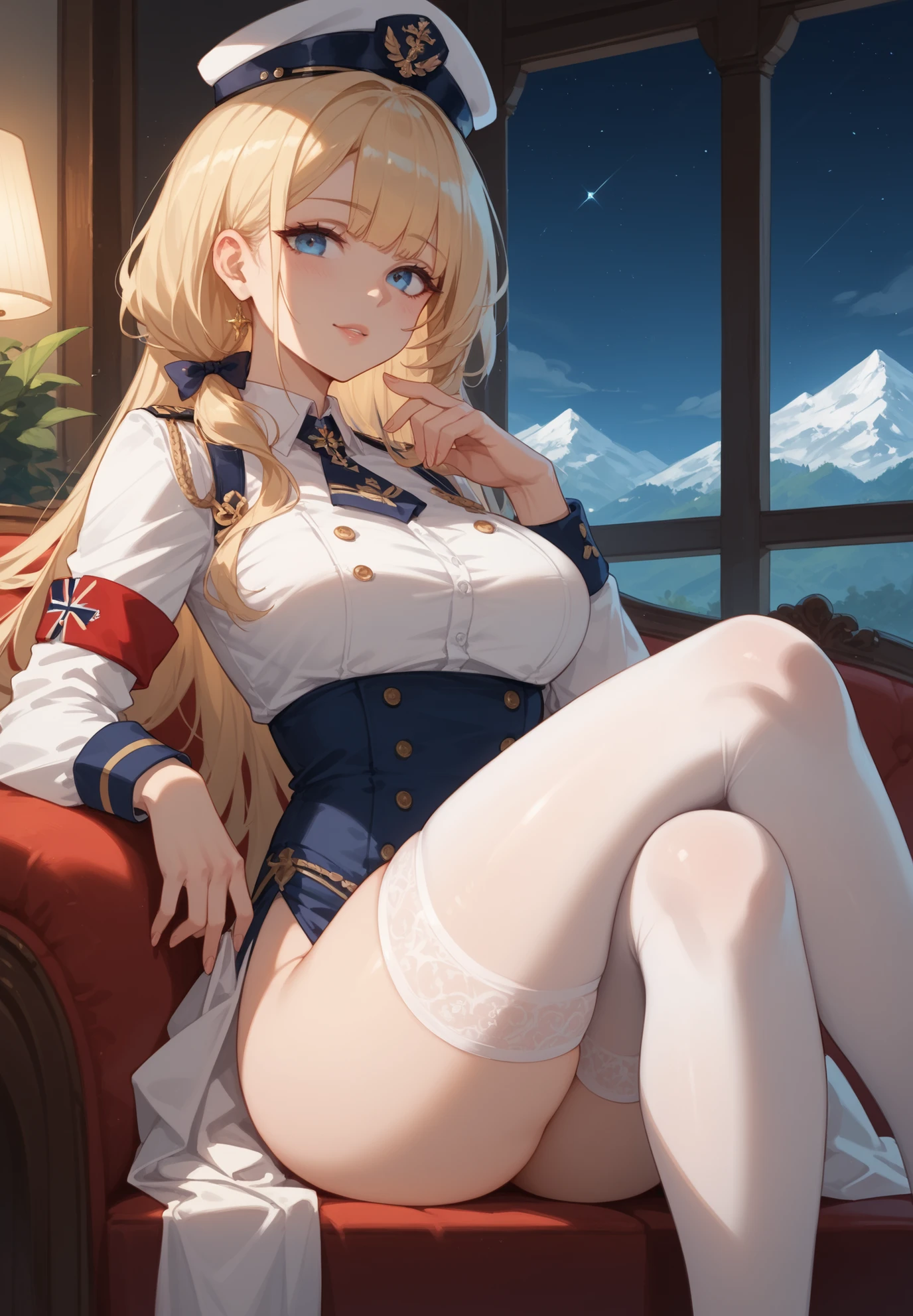 masterpiece, best quality, highres, aaenter, long hair, hat, white headwear, large breasts, big breasts, black necktie, sleeveless shirt, white shirt, off shoulder, black coat, open coat, belt, pleated skirt, black skirt, black thighhighs, knees up, tights, legs up, sitting, knees up, from below, outdoors,
