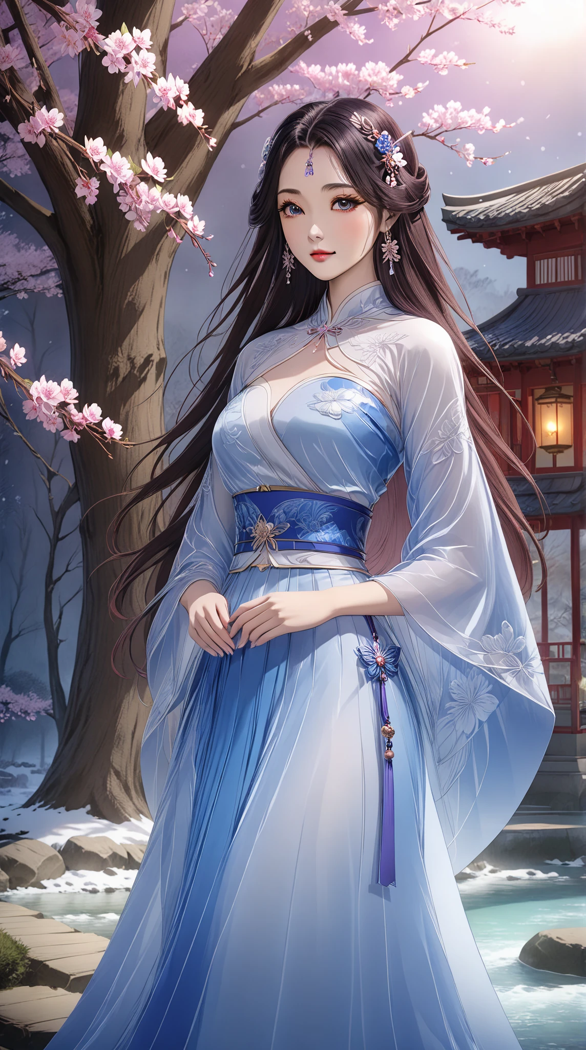 Kamisato ayaka, beautiful detailed eyes, beautiful detailed lips, extremely detailed eyes and face, long eyelashes, elegant kimono, serene expression, narrow waist, flowing hair, intricate hair ornaments, mature, full body, natural lighting, vibrant colors, cinematic composition, fantasy landscape, cherry blossoms, ornate architecture, (best quality,4k,8k,highres,masterpiece:1.2),ultra-detailed,(realistic,photorealistic,photo-realistic:1.37)